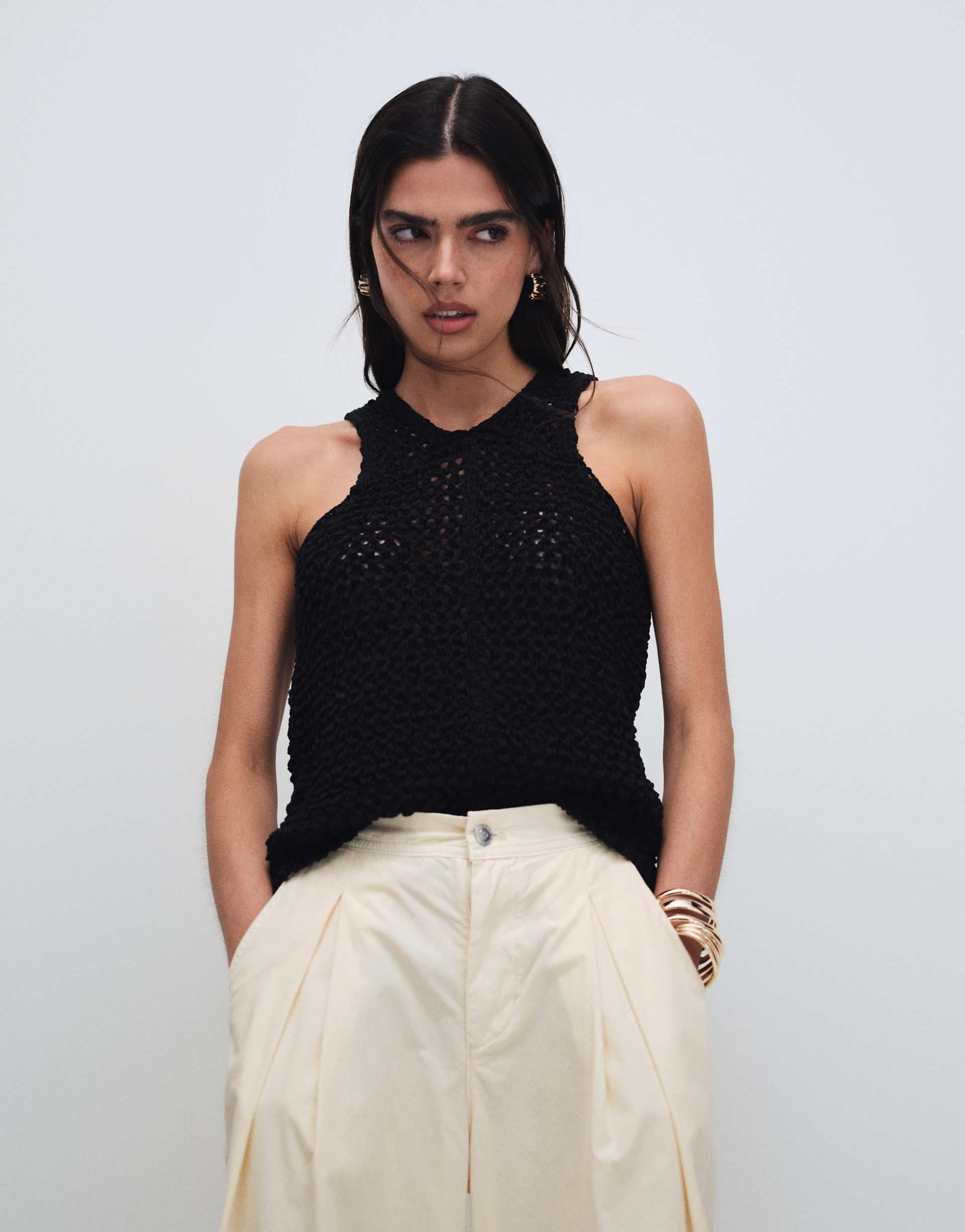 ASOS DESIGN tape yarn open stitch tank top in black