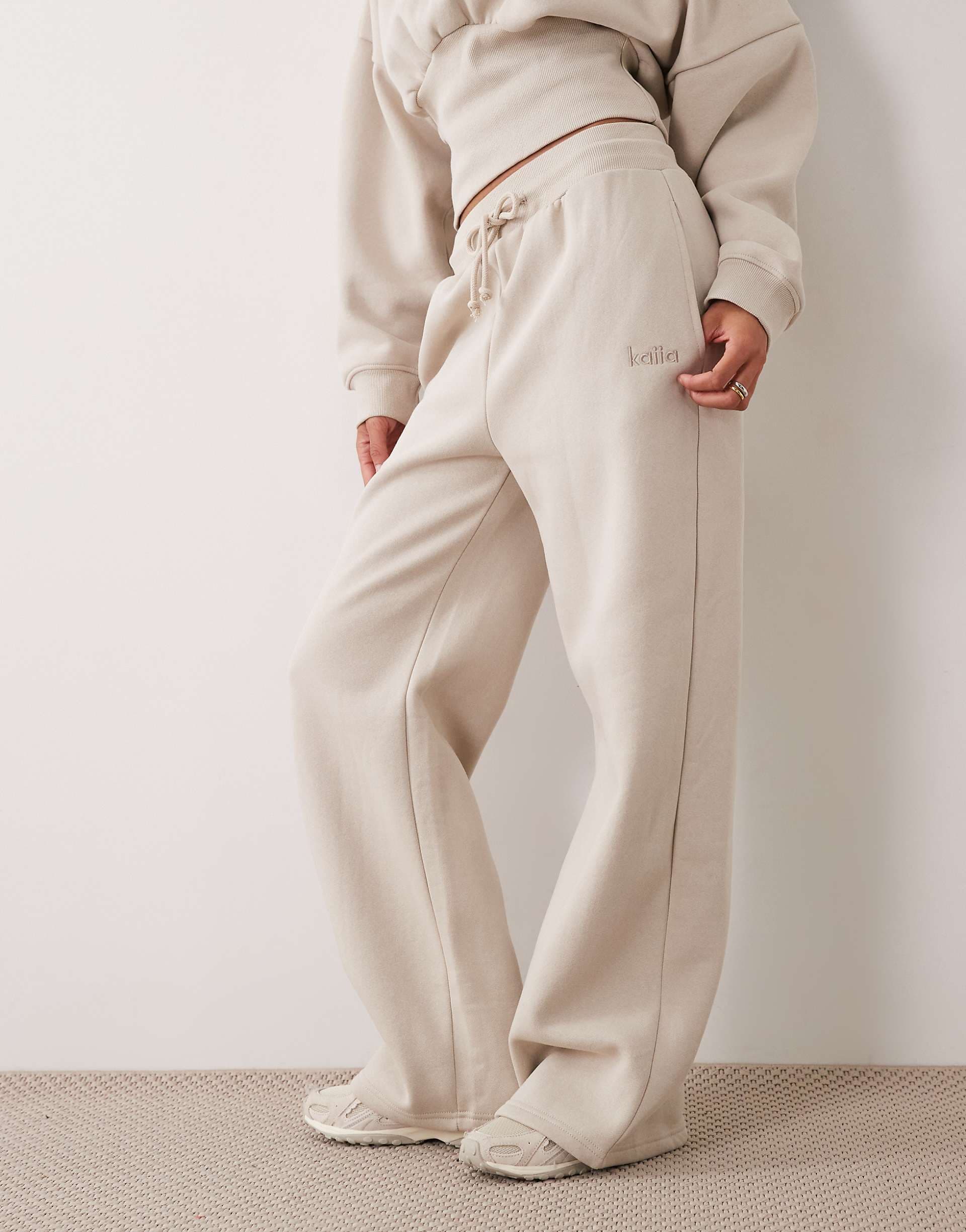 Kaiia cotton rich cinched waist wide leg sweatpants in beige - part of a set