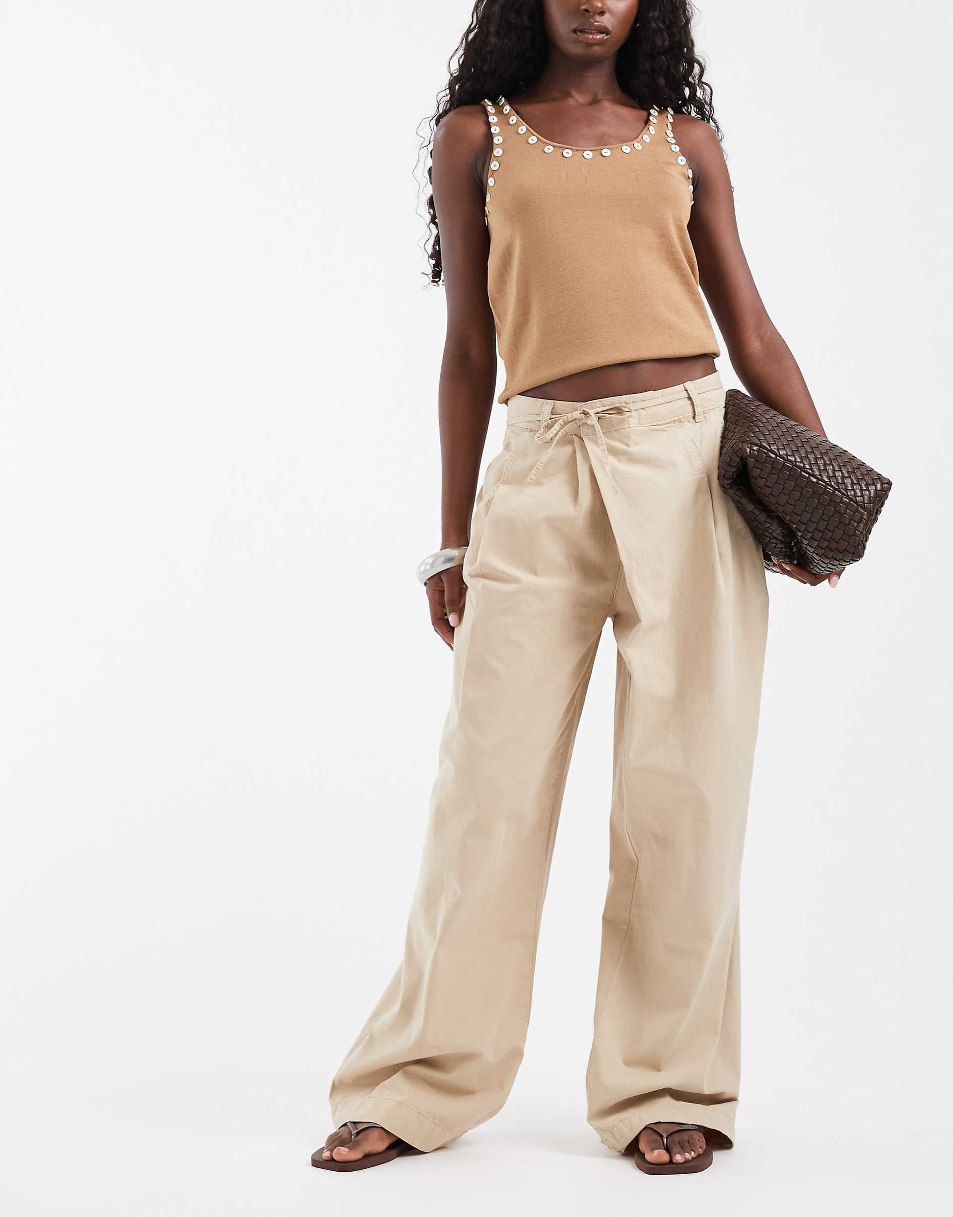 ASOS DESIGN wrap waist wide leg pants in stone