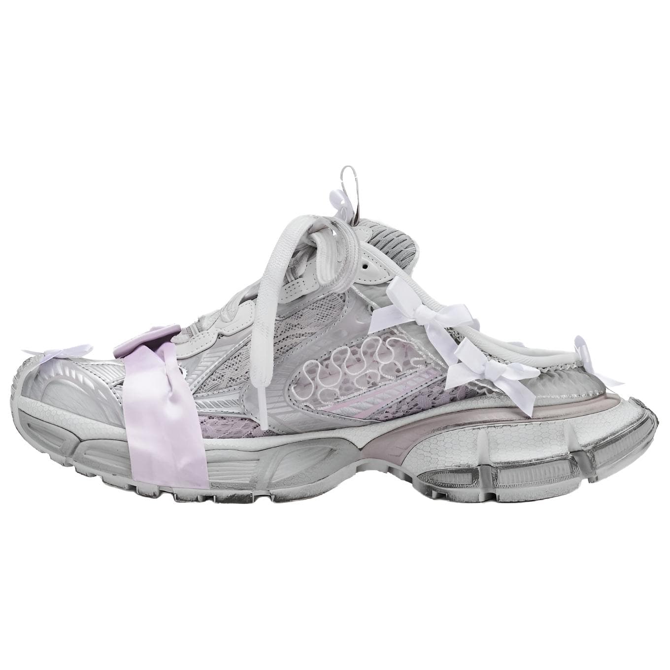 Balenciaga 3XL Lace Mesh Platform Bow Distressed Mule Sandals Women's White