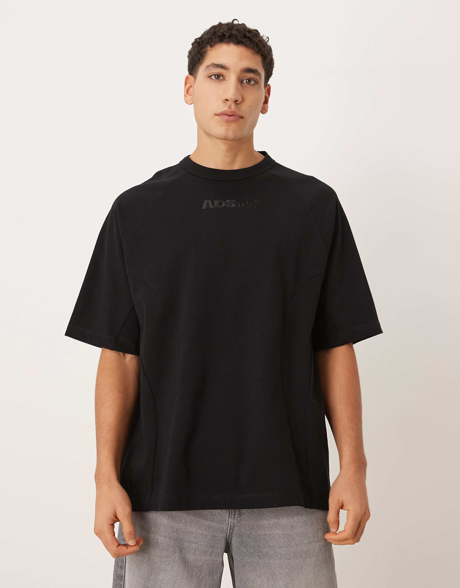 ASOS DESIGN heavyweight oversized T-shirt with panels and chest embroidery in black