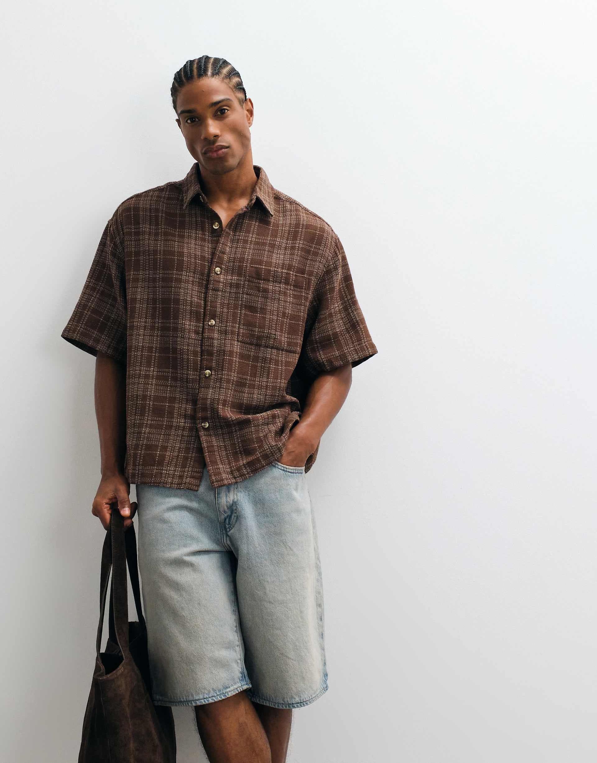 ASOS DESIGN boxy oversized plaid shirt in brown