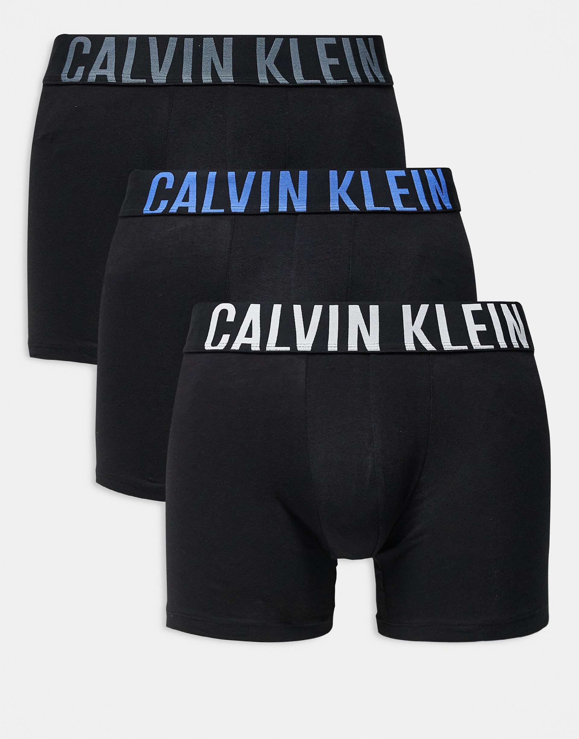Calvin Klein Intense Power 3 pack cotton boxer briefs in black with gray logo waistbands