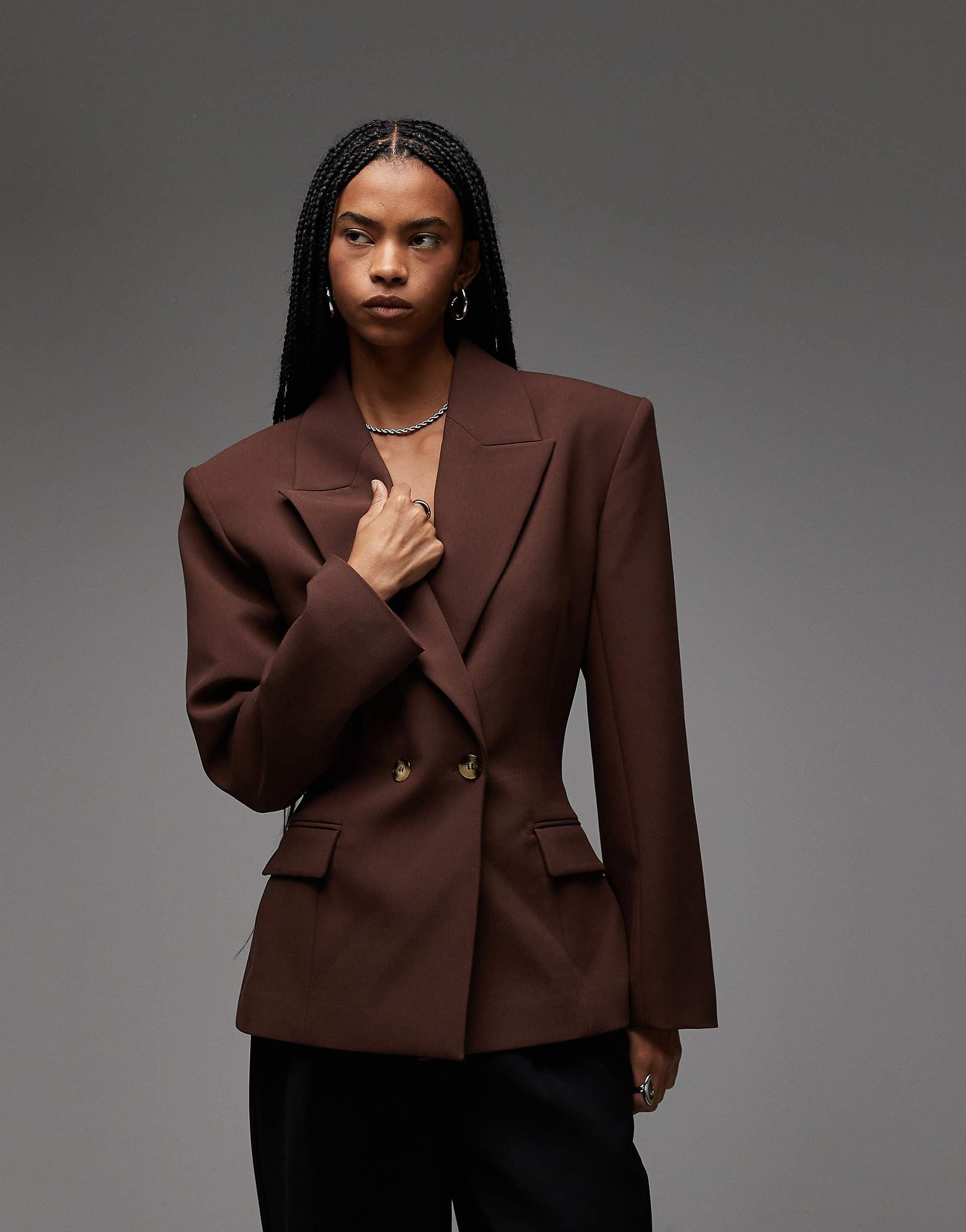 ASOS DESIGN double breasted cinch blazer in chocolate