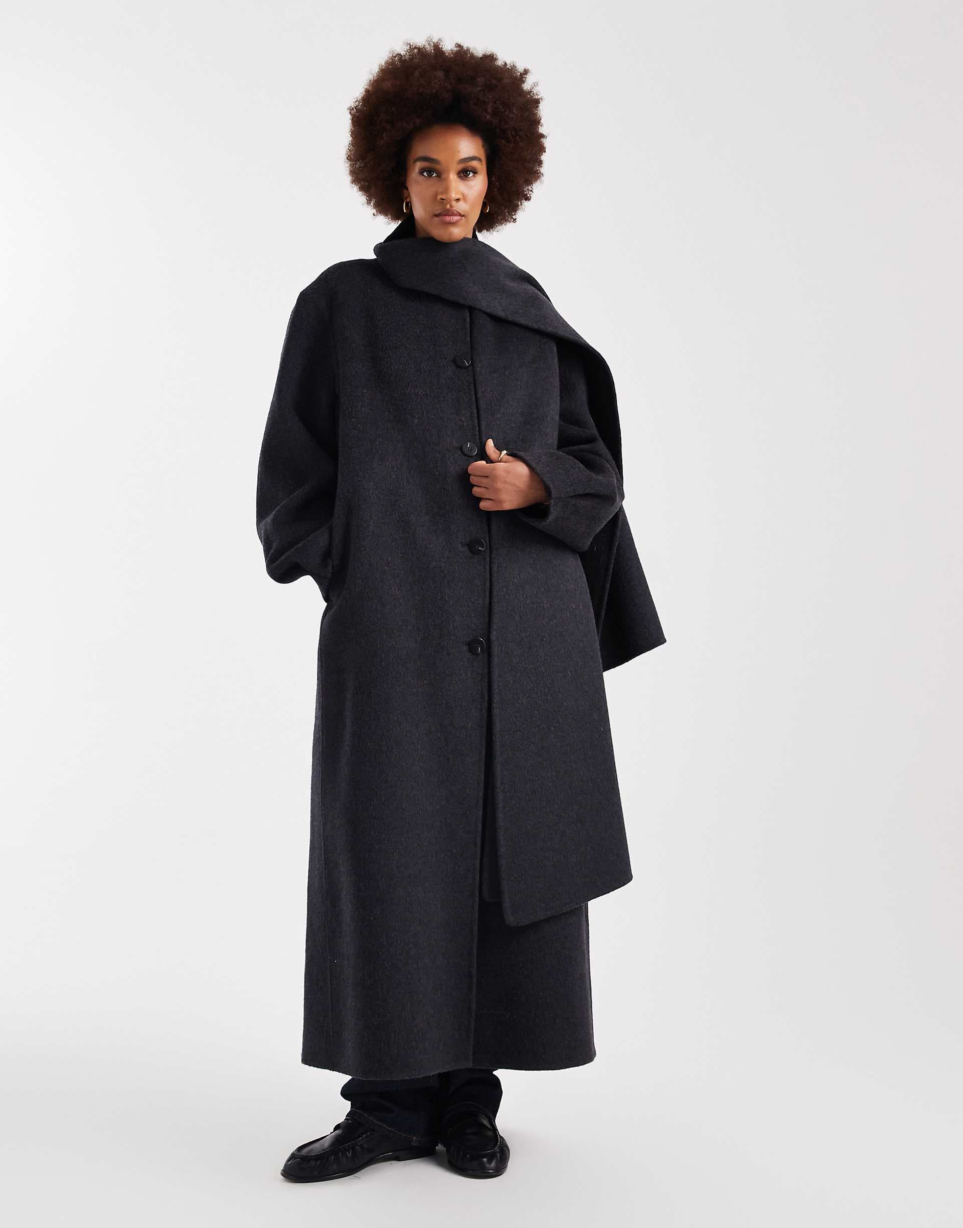 ASOS DESIGN Tall premium wool rich longline coat with detachable scarf in charcoal