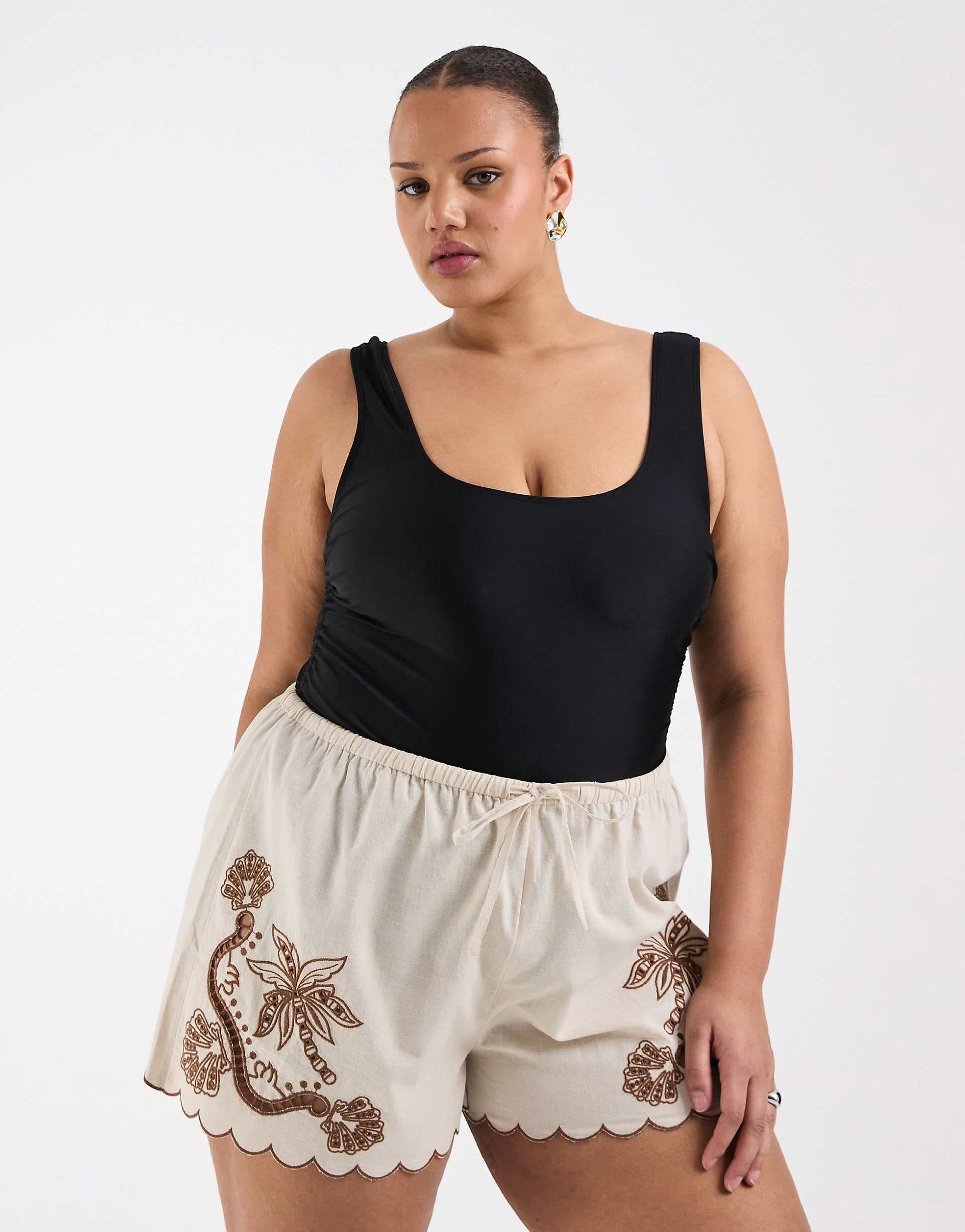 ASOS DESIGN Curve Angie Palm beach tropical embroidered tie side shorts in stone