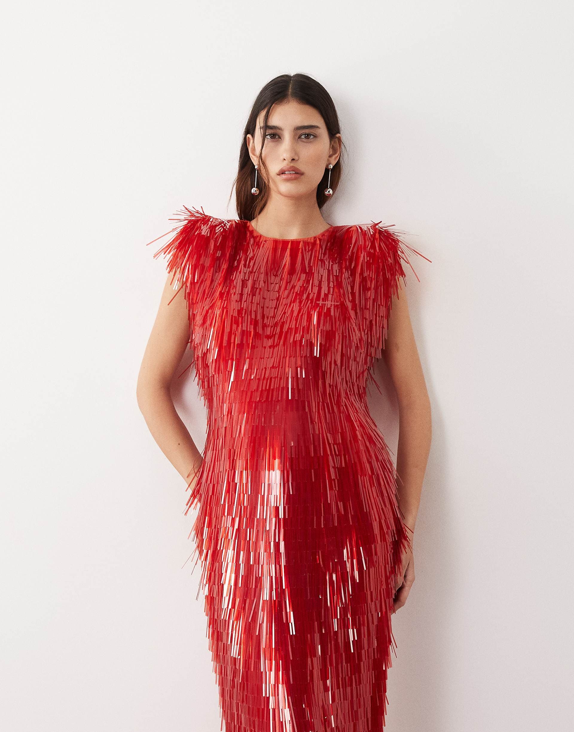 ARRANGE all over shard sequined strong shoulders midaxi dress in red