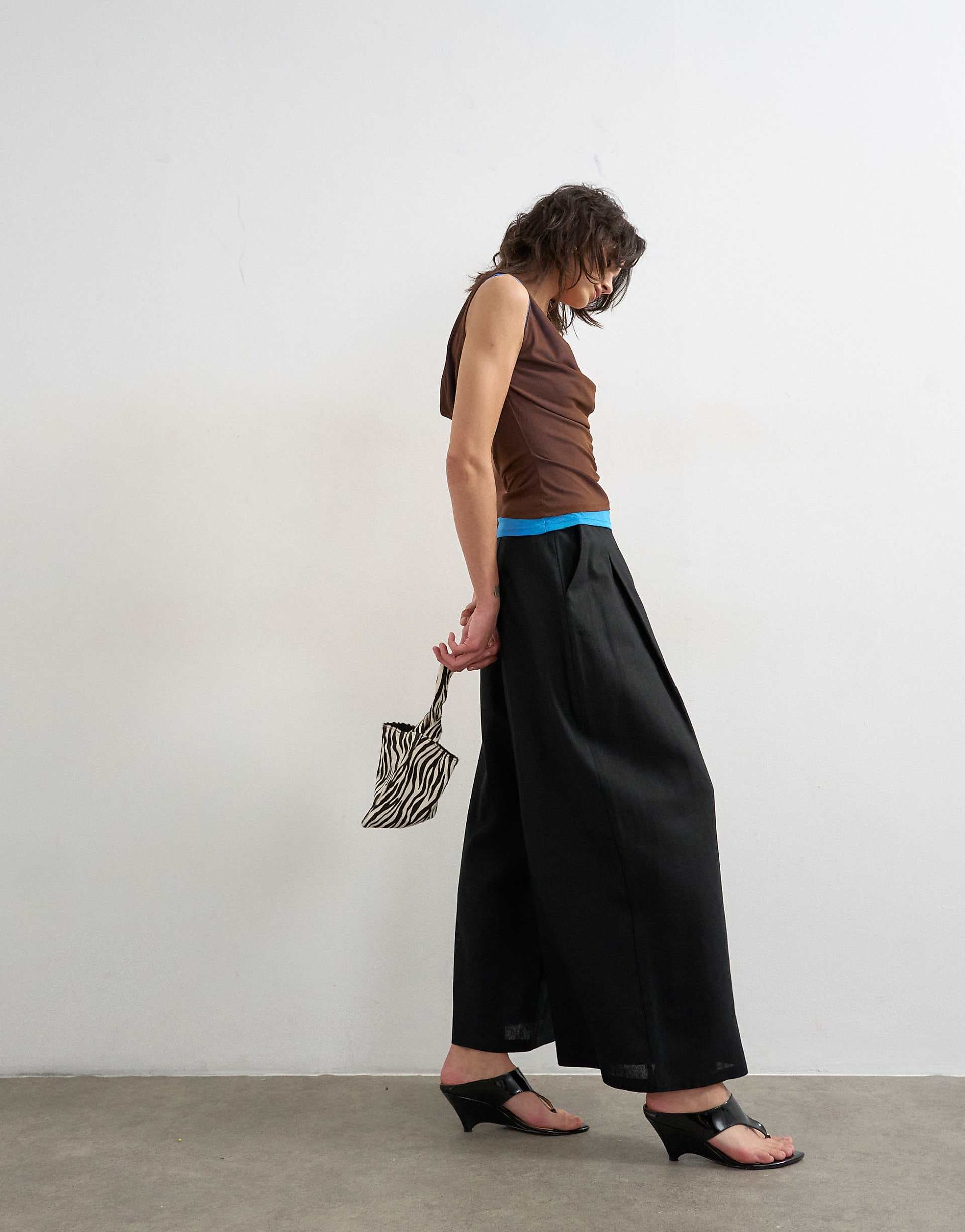 Topshop linen blend A line wide leg pants in black