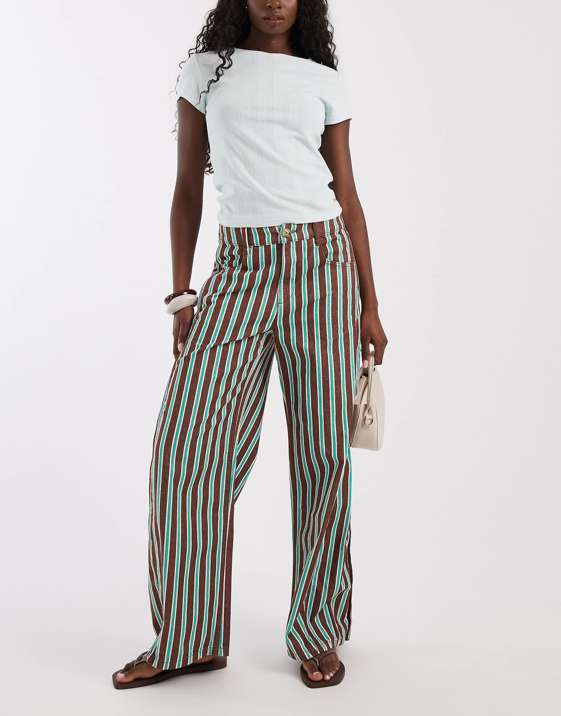 ASOS DESIGN horseshoe pants with tab waist detail in chocolate striped print