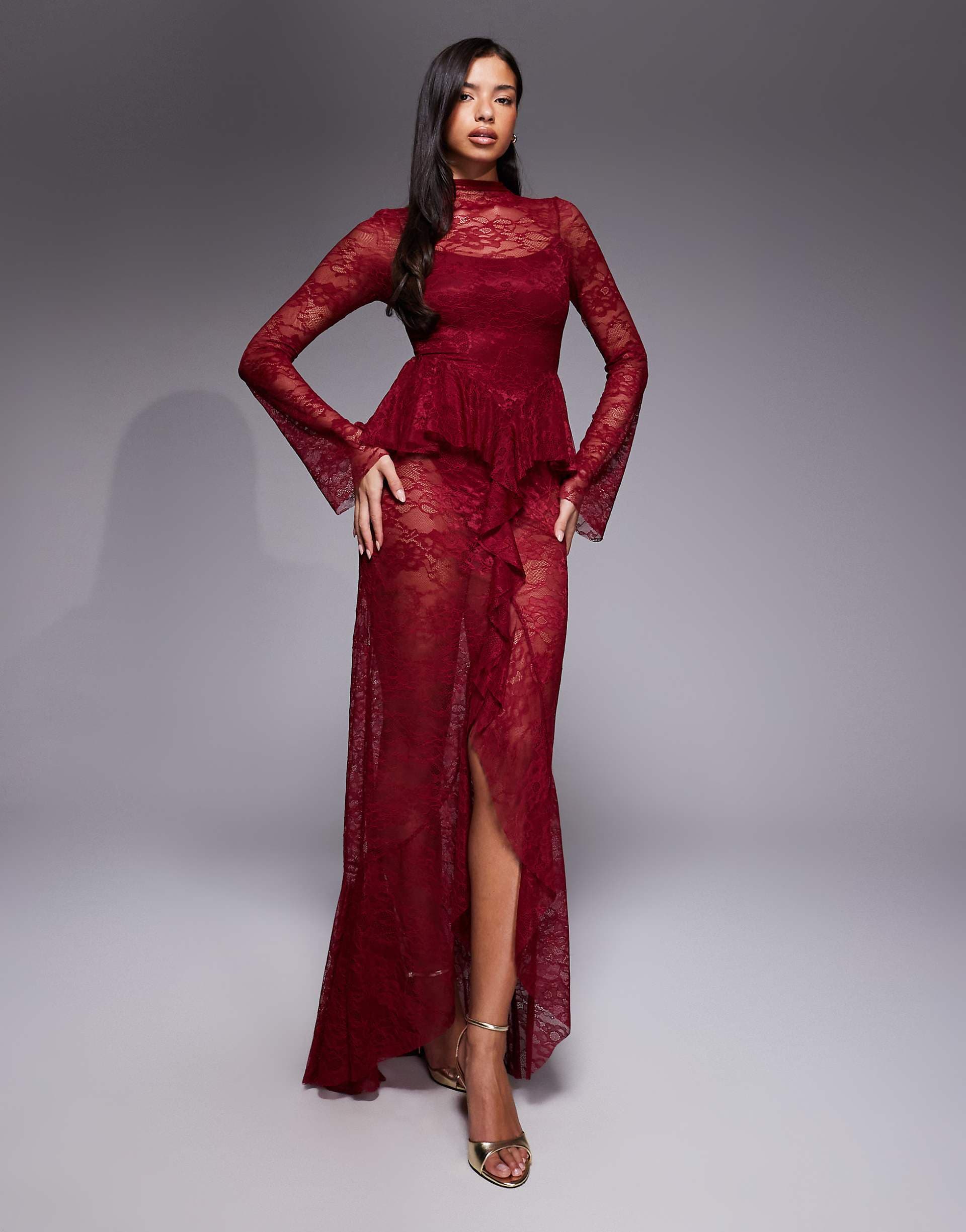 ASOS DESIGN high neck sheer lace maxi dress with peplum detailing and body suit lining in raspberry