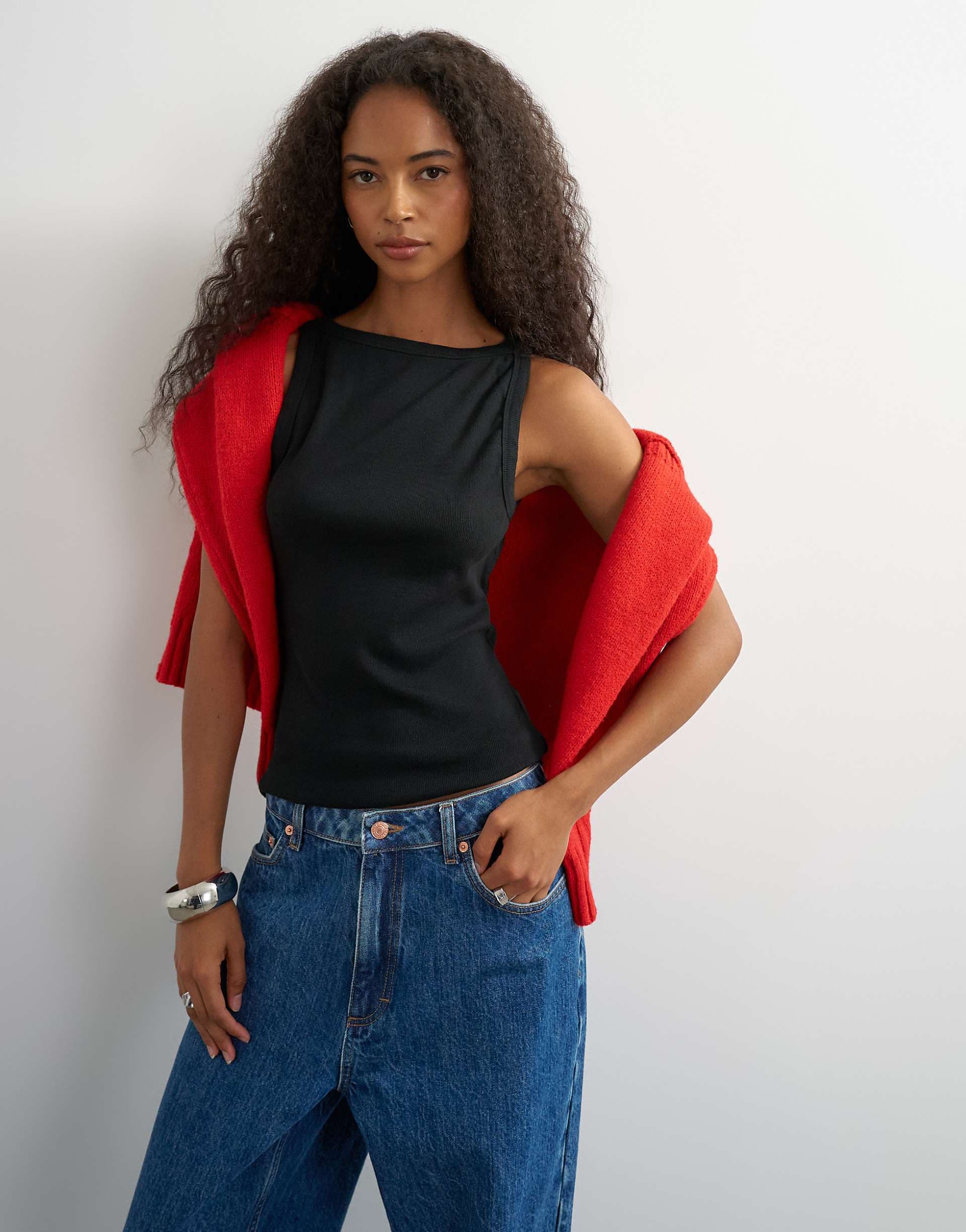 Topshop slash neck racer tank top in washed black