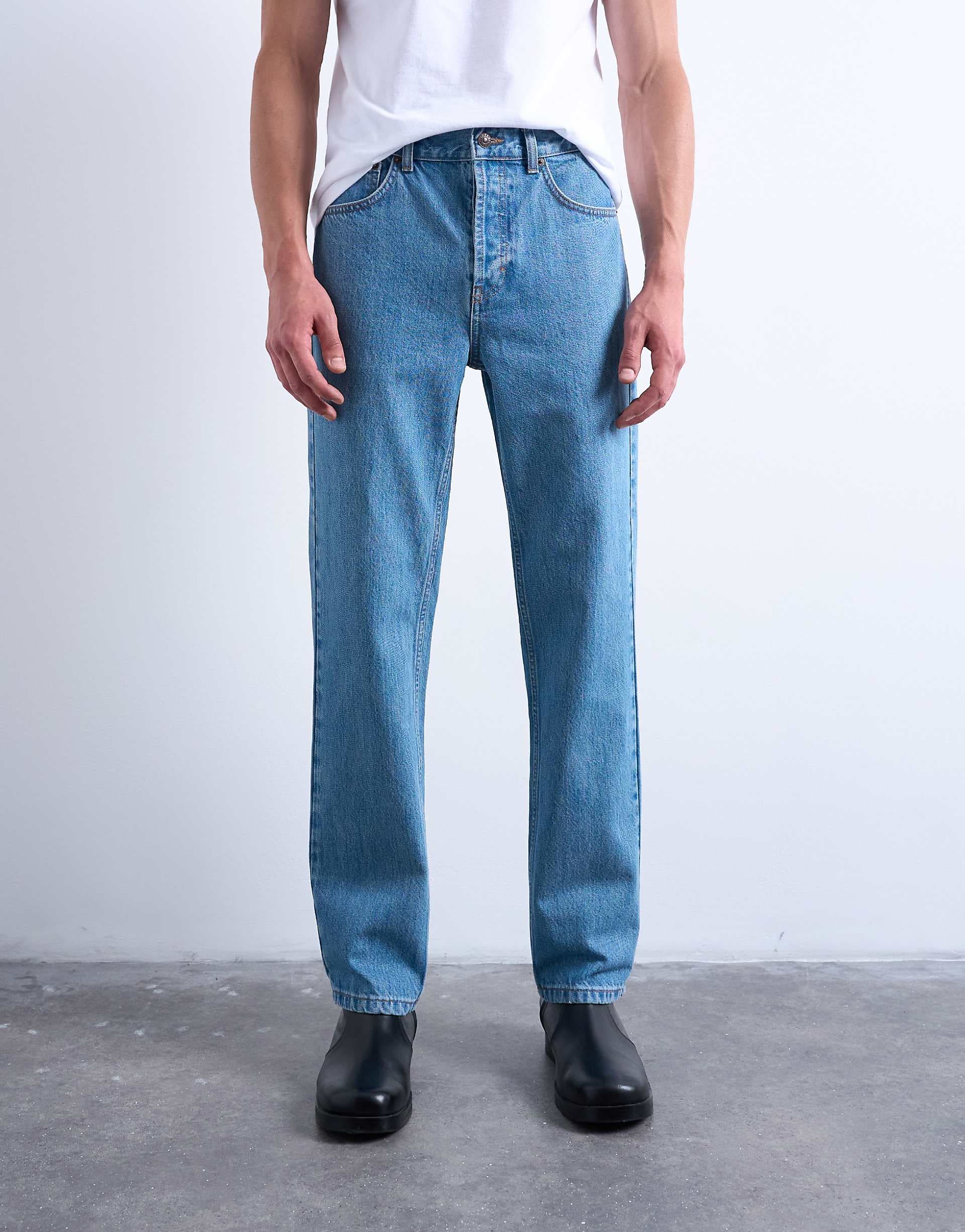 Topman rigid straight jeans in mid wash