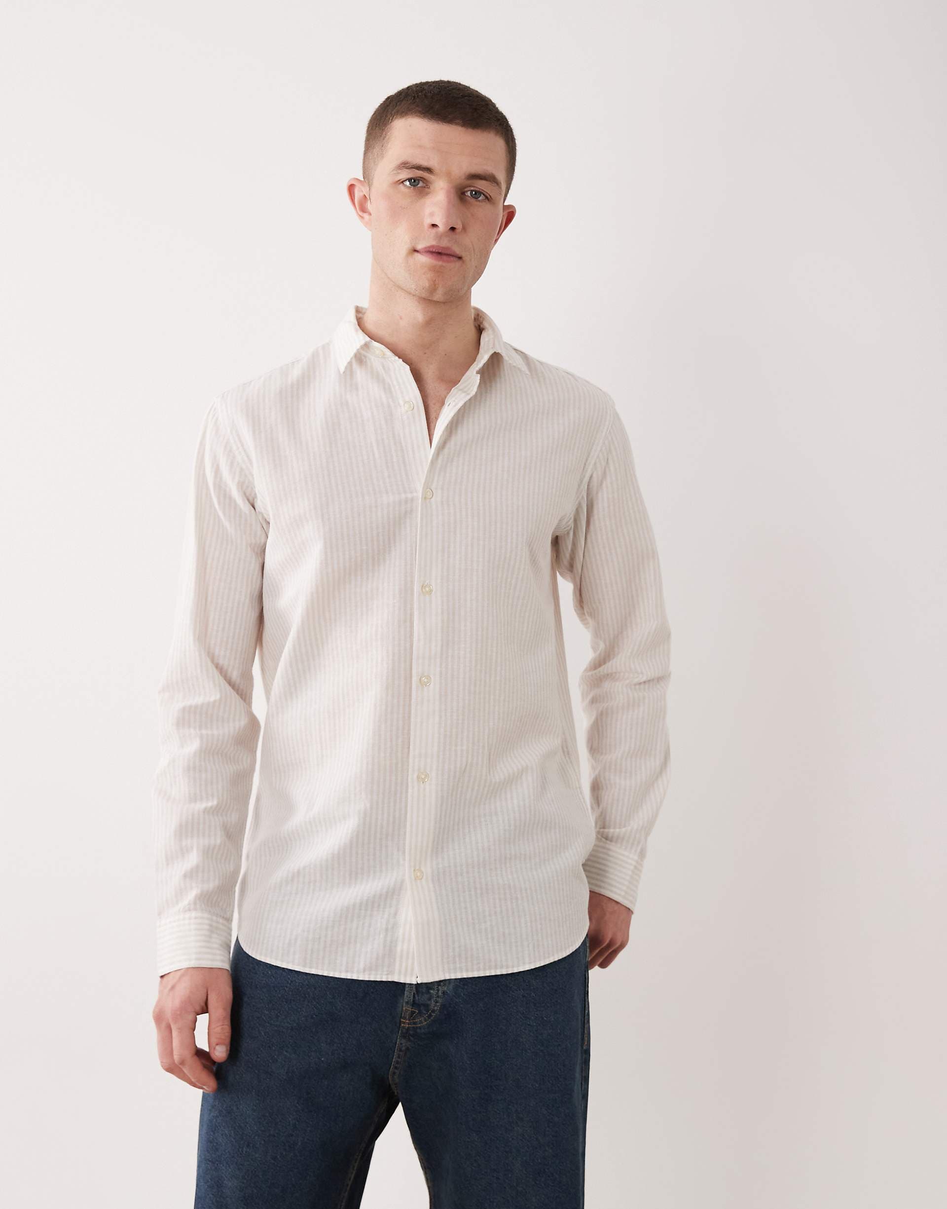 JJ Rebel linen blend long sleeve shirt in beige stripes