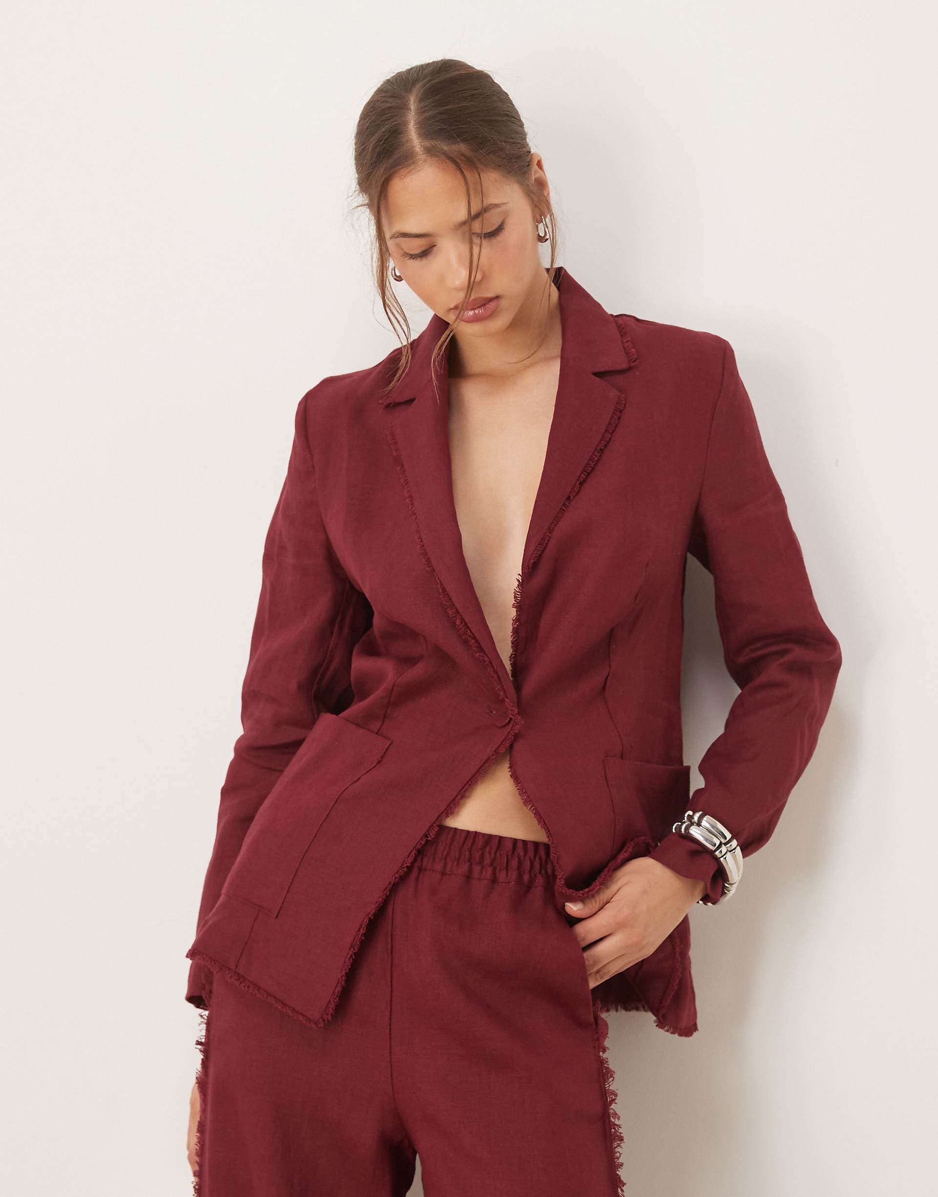 Mango 100% linen frayed edge fitted blazer in dark red - part of a set