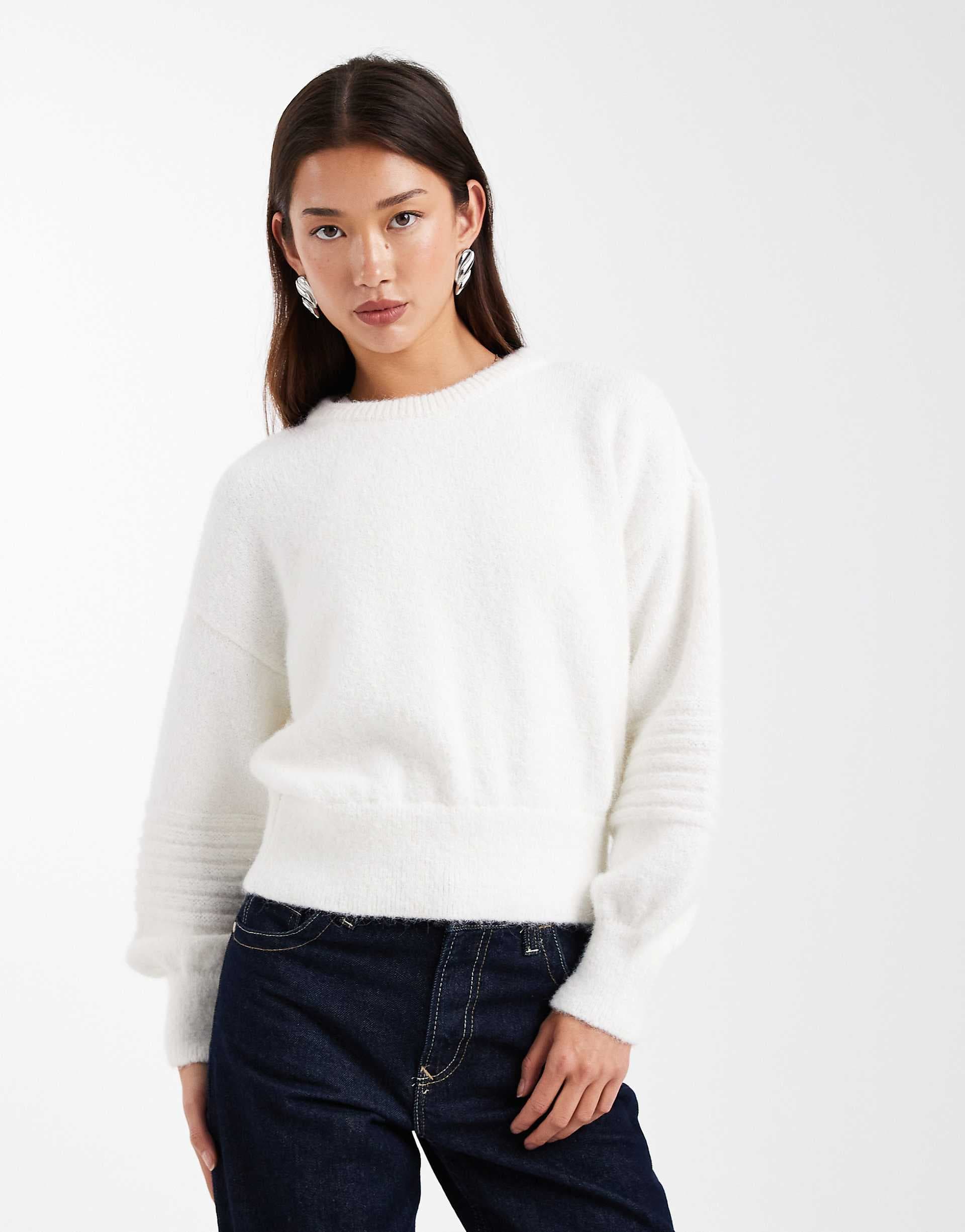 ASOS DESIGN stitch detail nipped waist sweater in cream