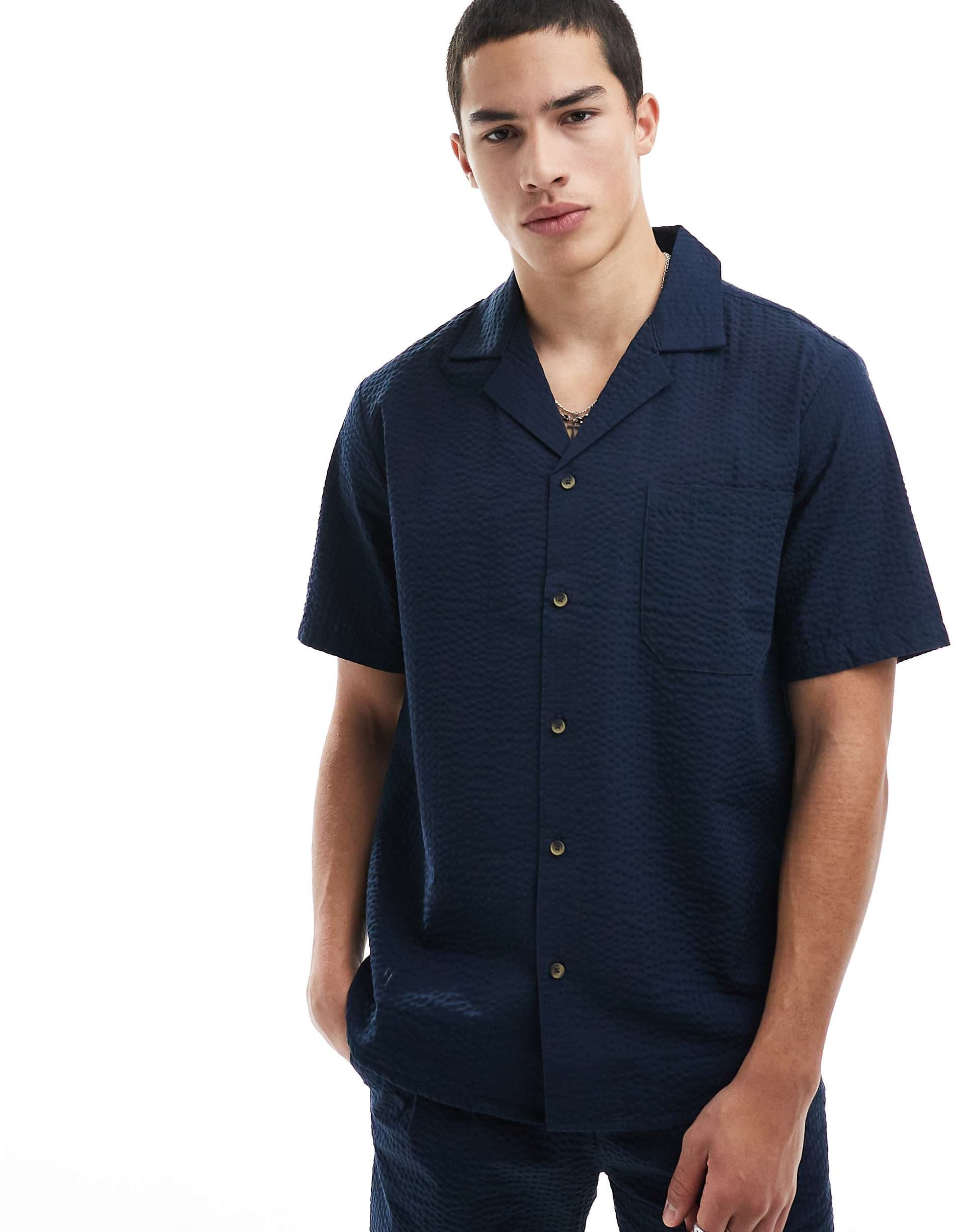 ONLY & SONS seersucker shirt in dark navy - part of a set