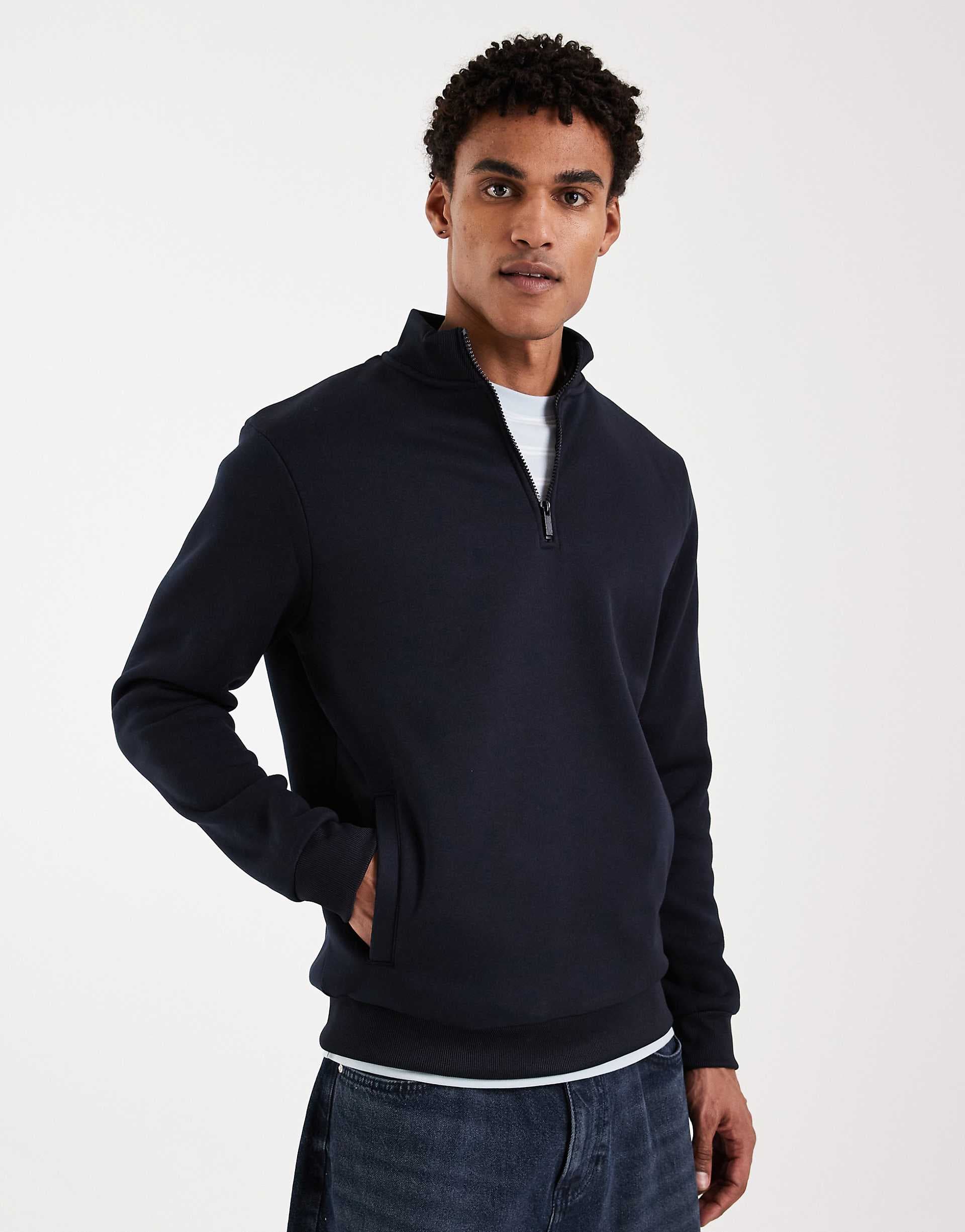 Brave Soul quarter zip funnel neck sweatshirt in navy