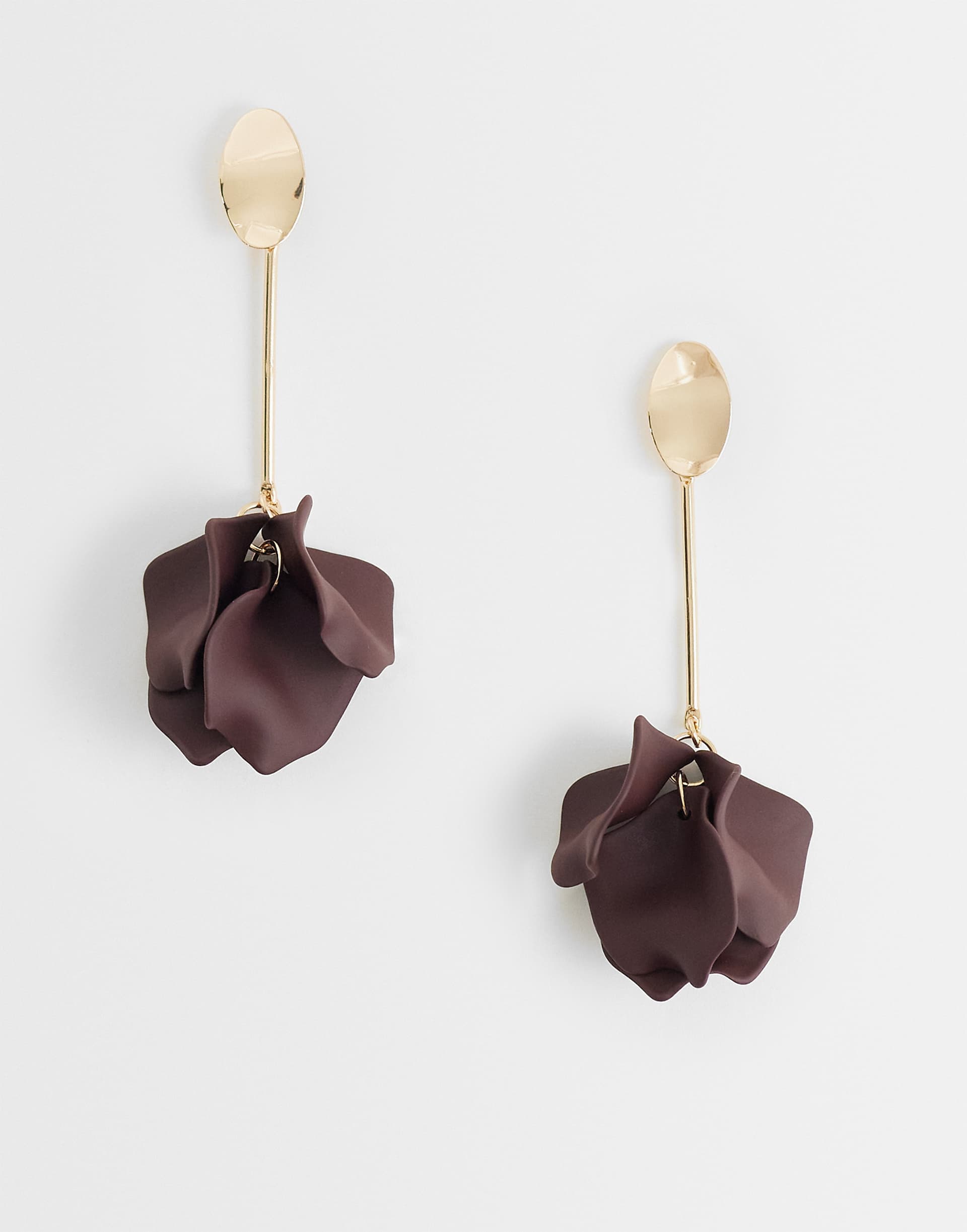 ASOS DESIGN pendant earrings with burgundy flower drops in gold tone