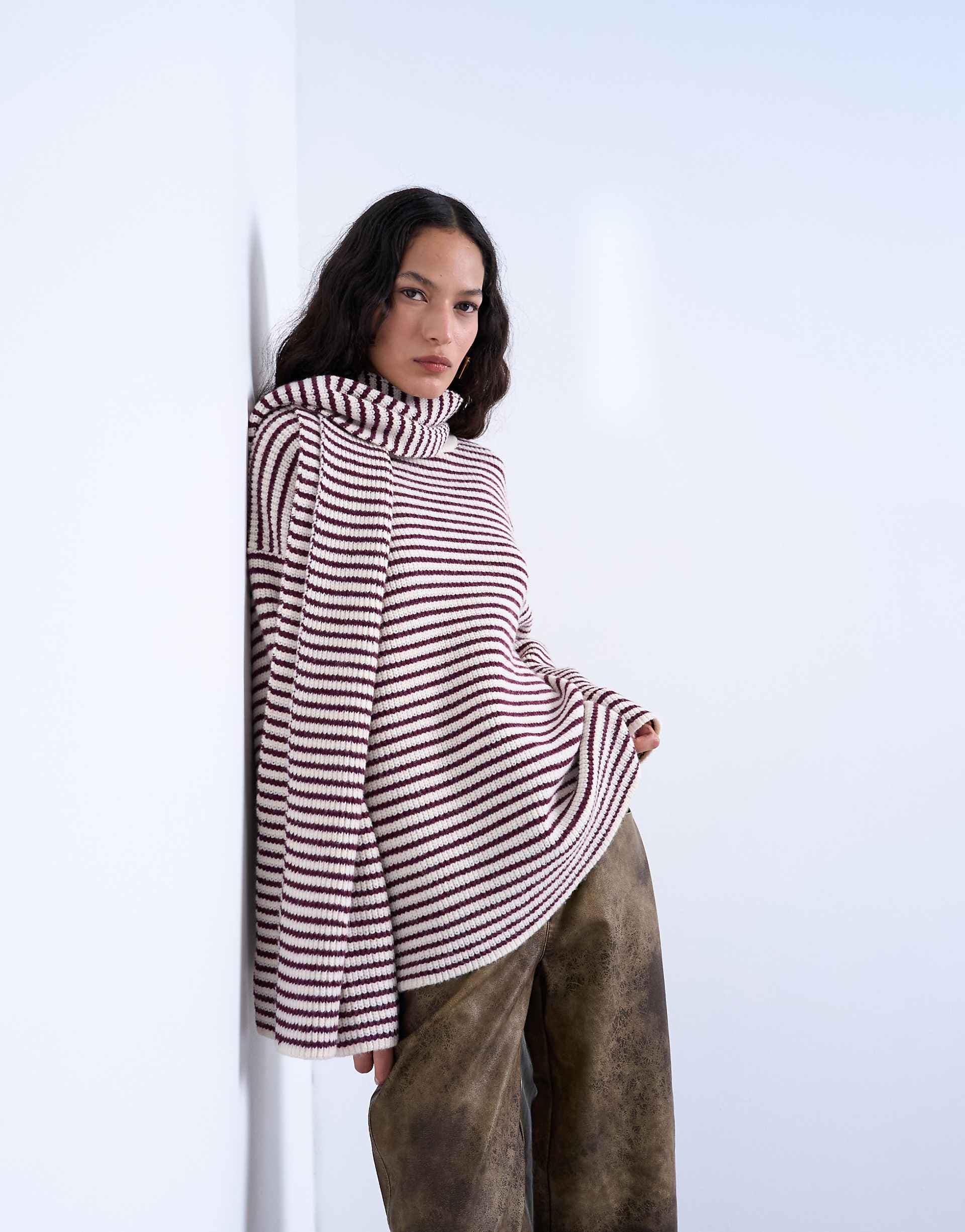 Topshop knit stripe oversized sweater with scarf in plum