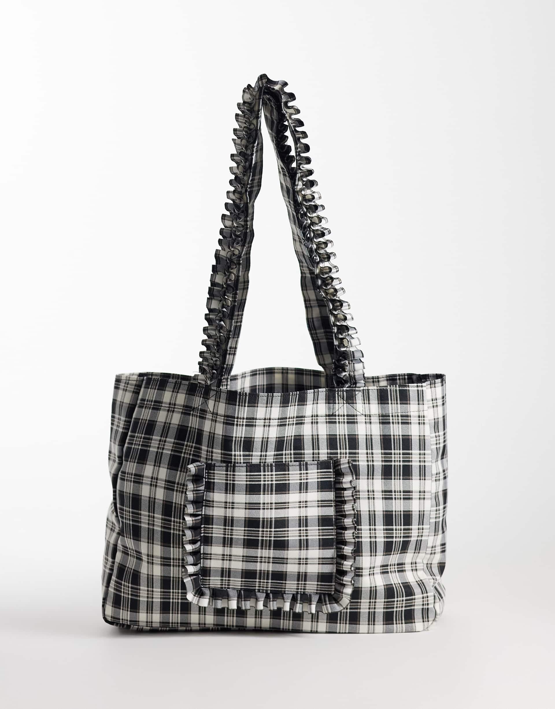 My Accessories tote bag with ruffles in gray plaid