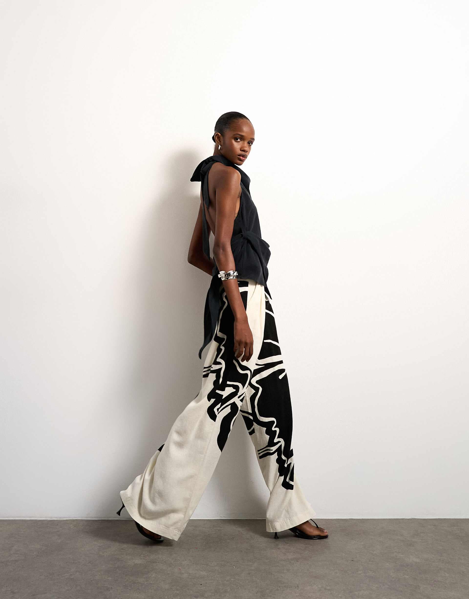 Topshop linen blend floral placement wide leg pants in ecru
