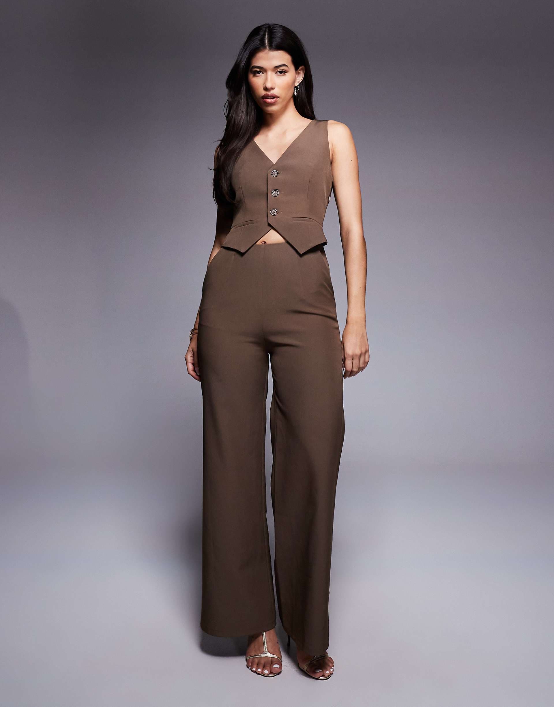 Kaiia exclusive sleeveless wide leg vest detail jumpsuit in brown