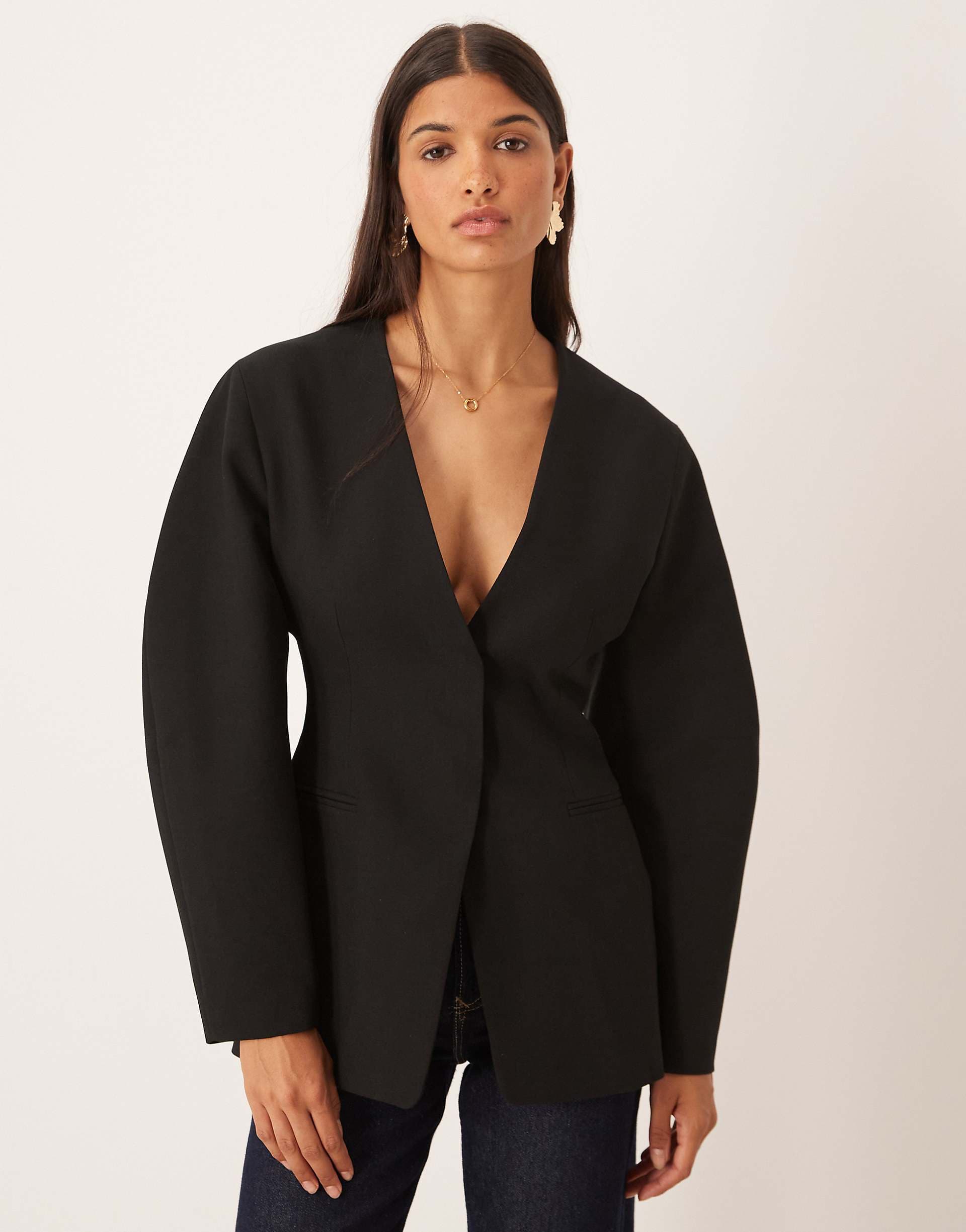 ASOS DESIGN collarless cinched waist blazer in black