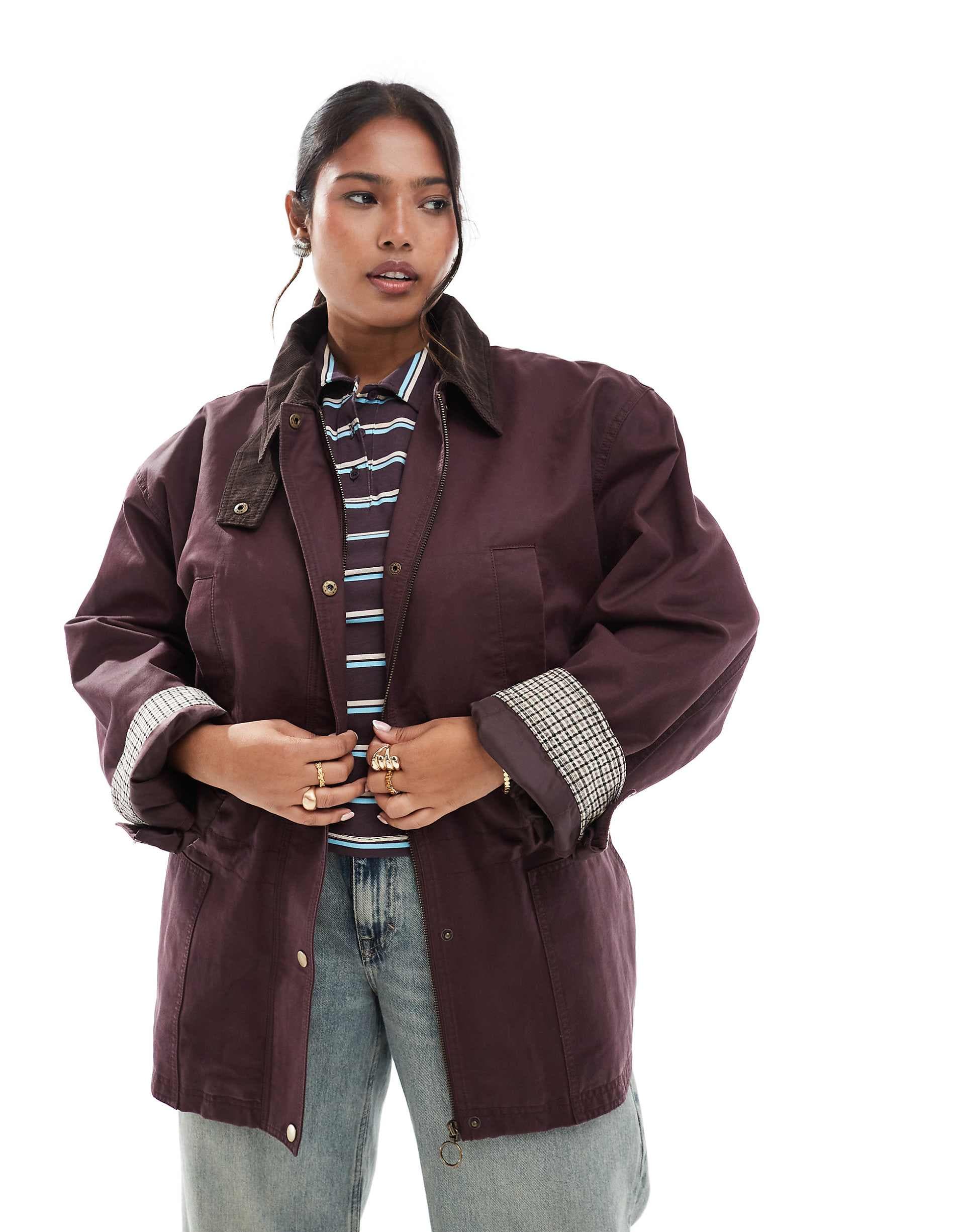 ASOS DESIGN waxed cinched waist jacket with contrast collar in plum