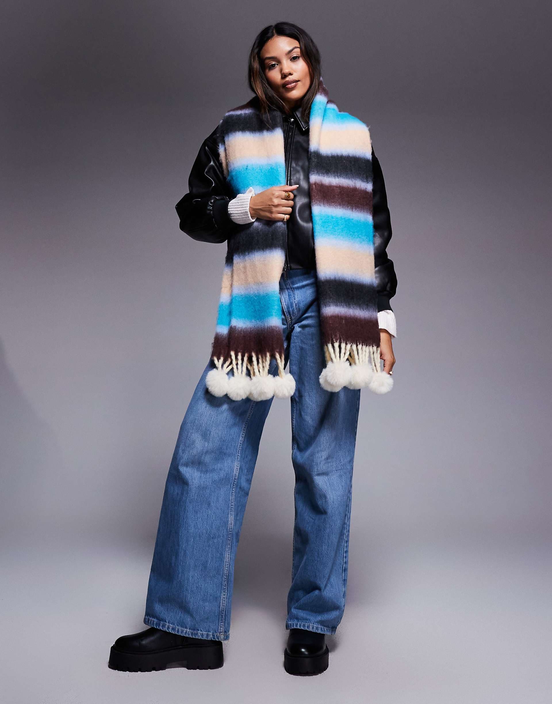 Kiwi & Co Frostbite brushed oversized bobble scarf in blue & brown soft stripes