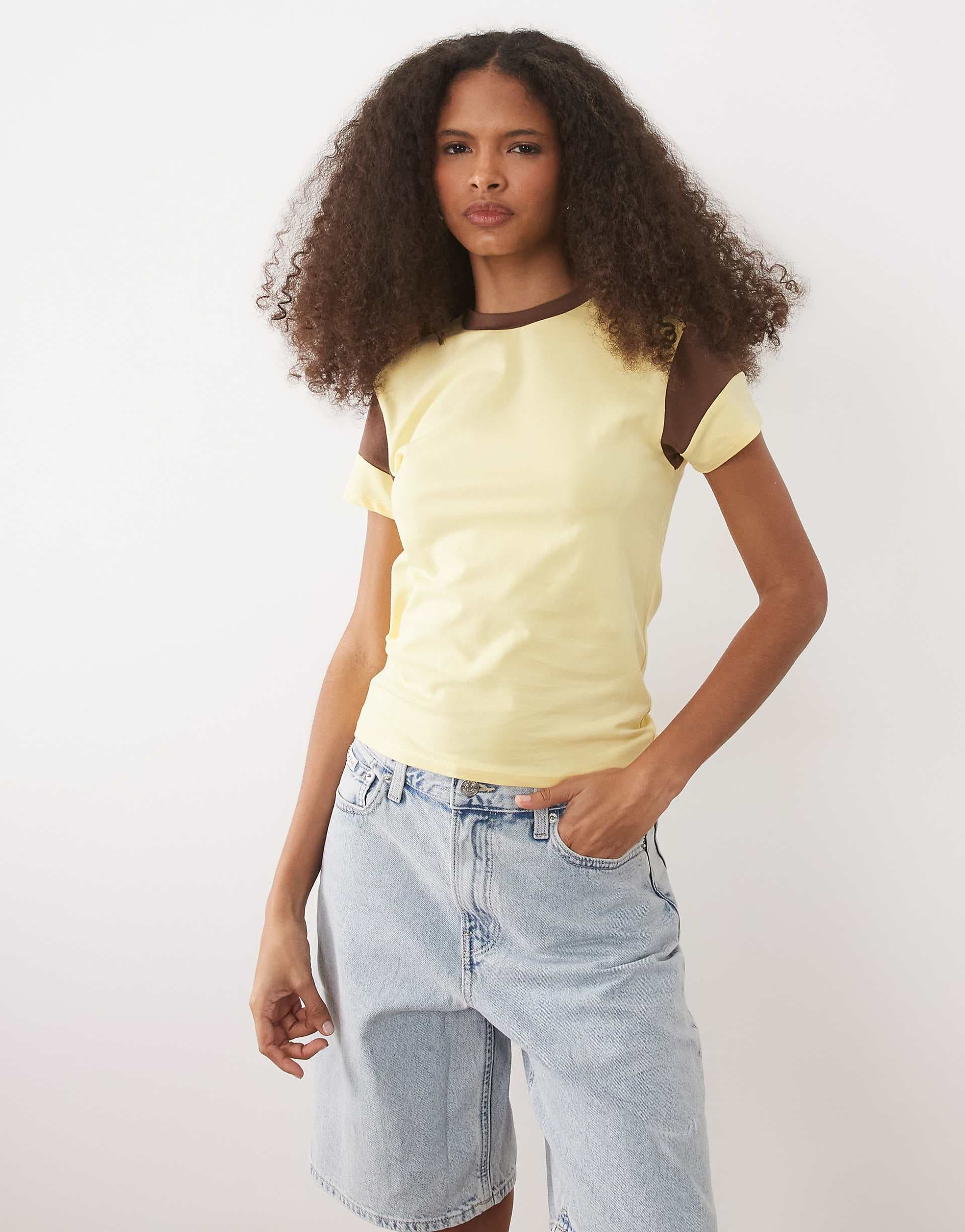 ASOS DESIGN baby tee with contrast panels in buttermilk and brown