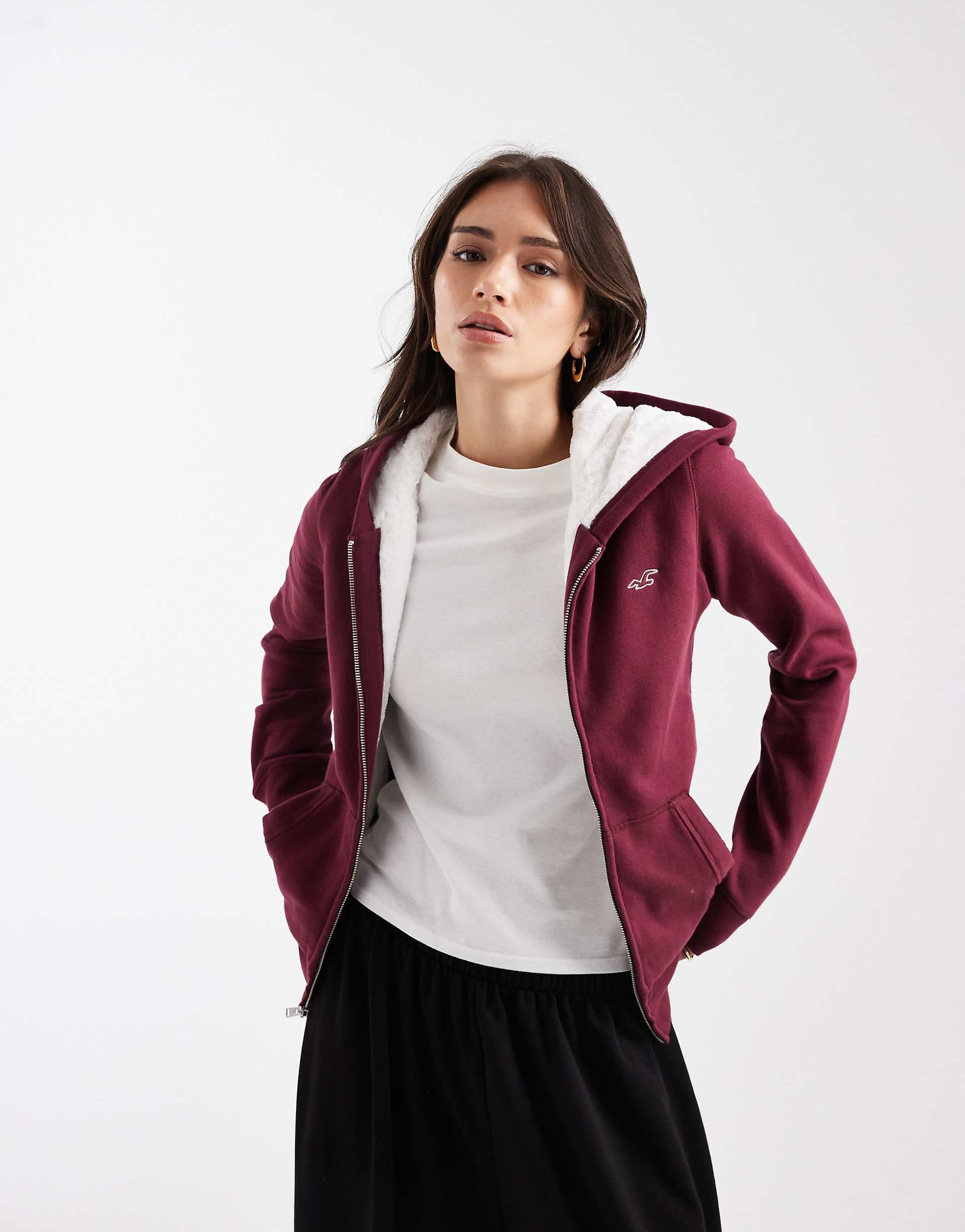 Hollister full zip faux fur lining hoodie in burgundy