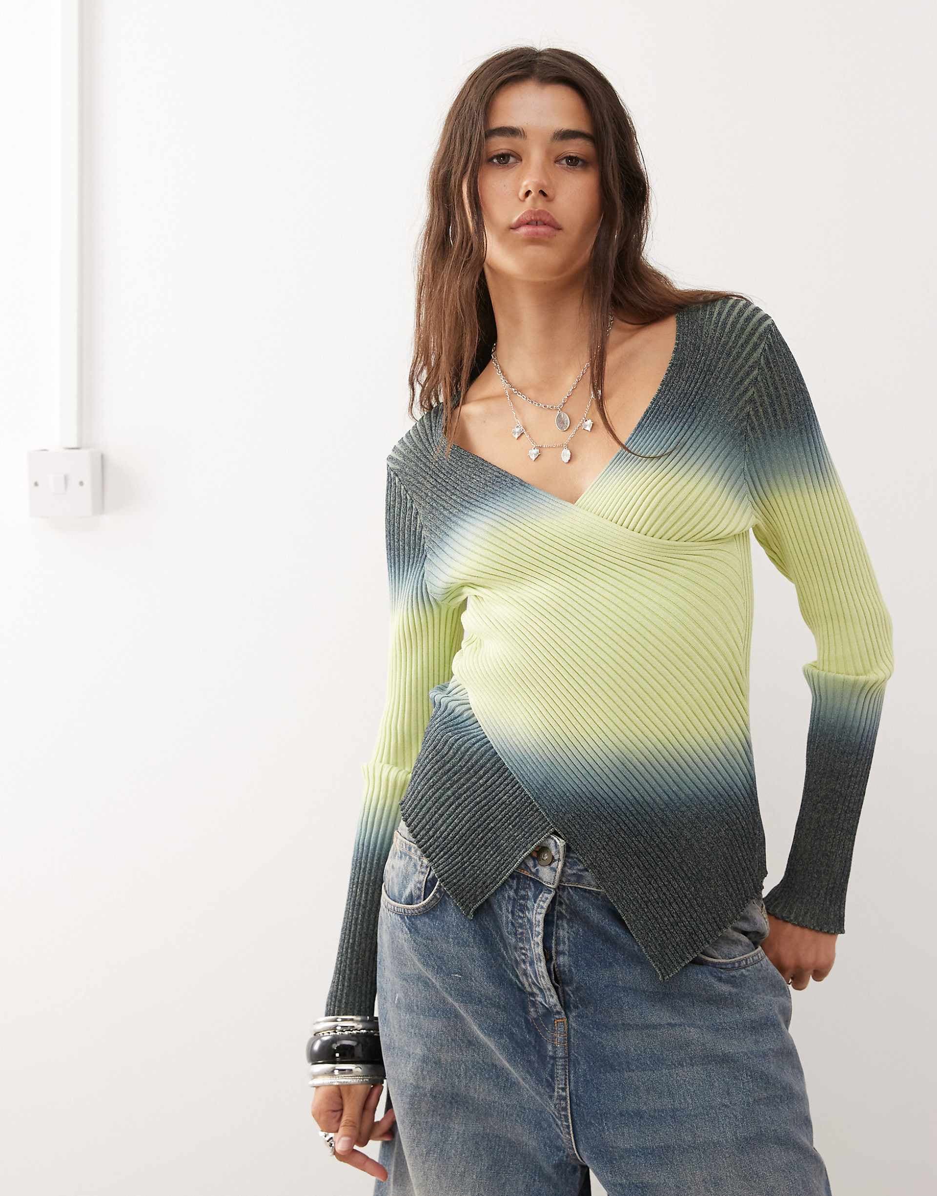 COLLUSION ombre knited long sleeve wrap top