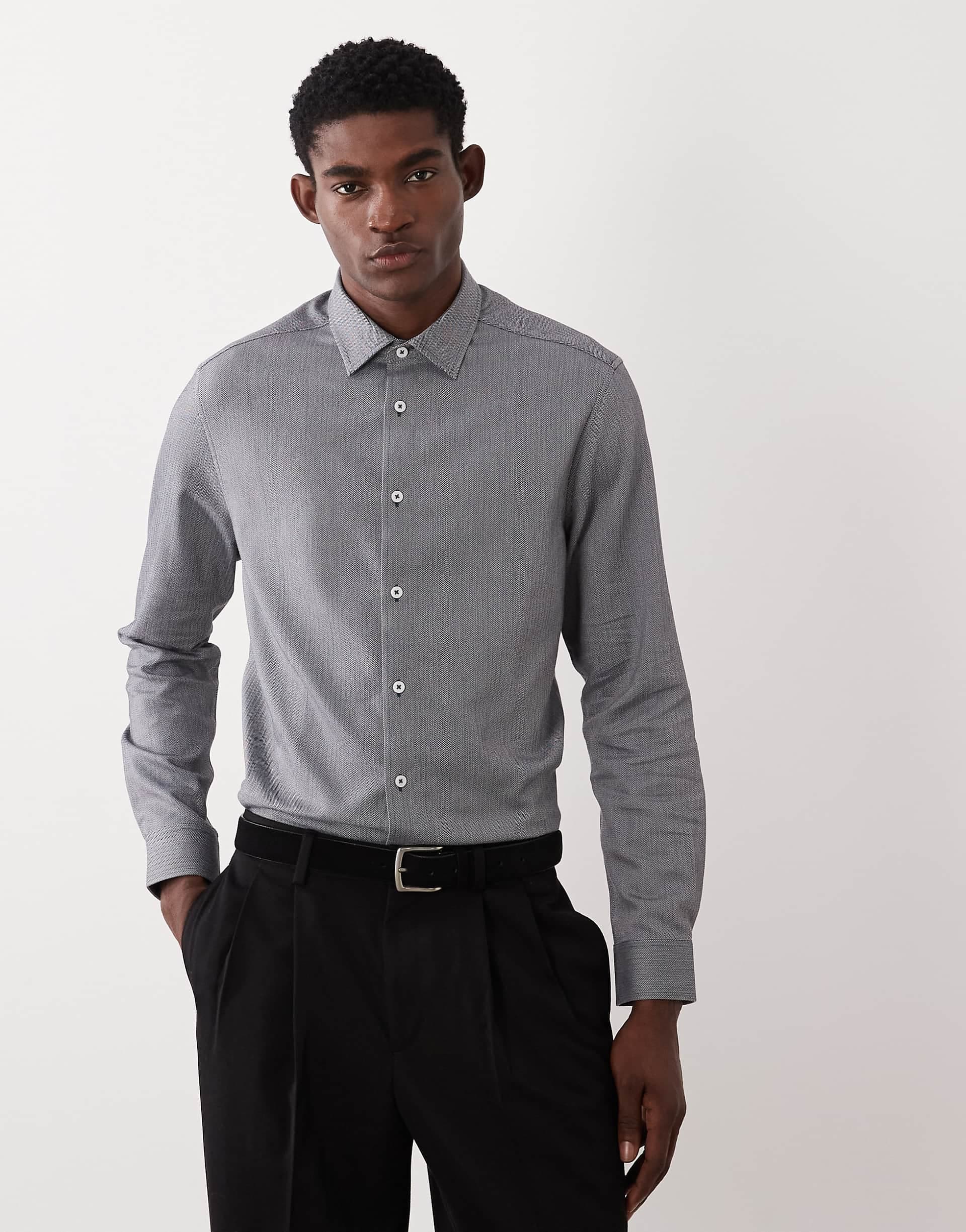 ASOS DESIGN slim herringbone dress shirt in navy