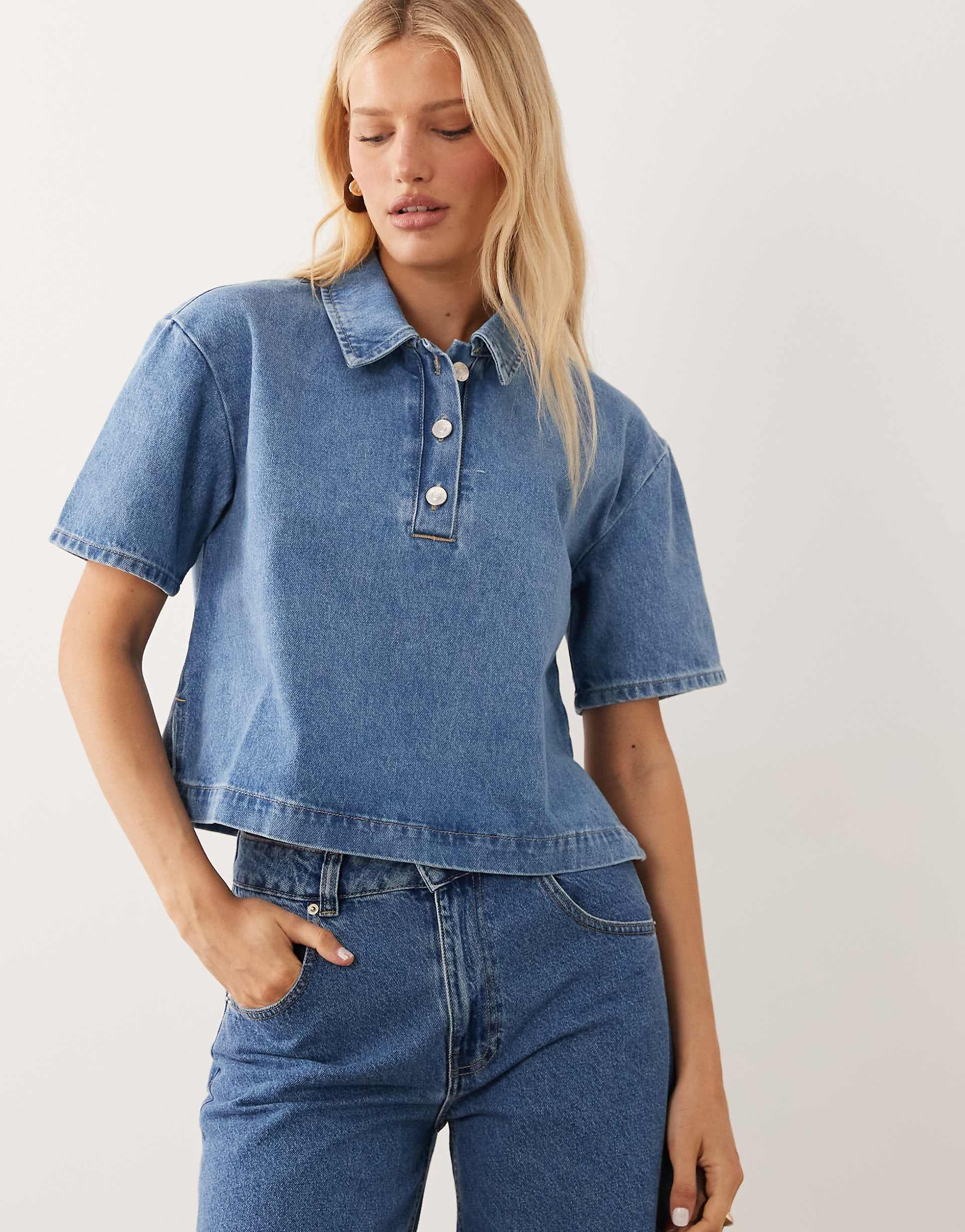 ASOS DESIGN boxy denim polo shirt in bleach wash