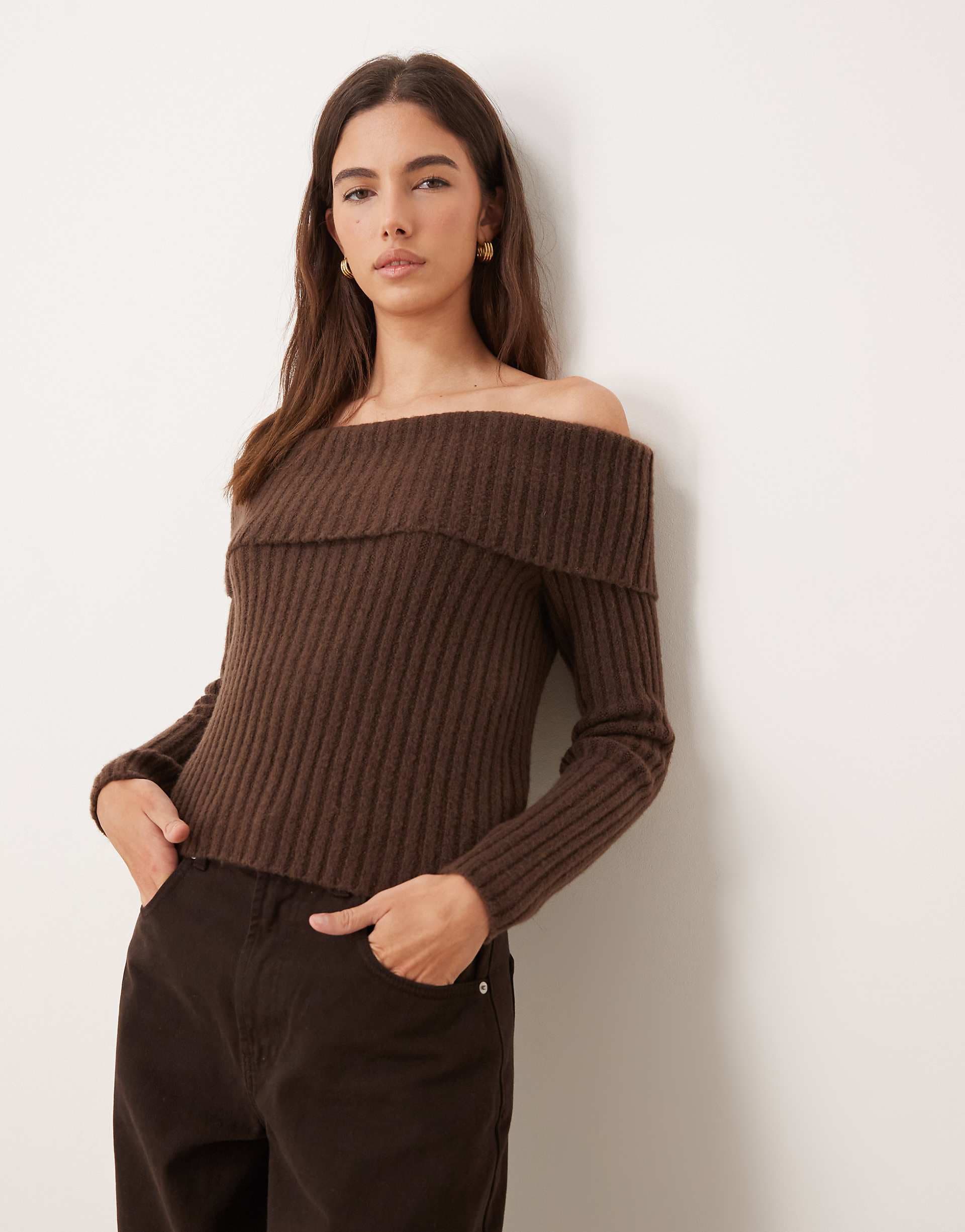Abercrombie & Fitch off shoulder foldover sweater in brown