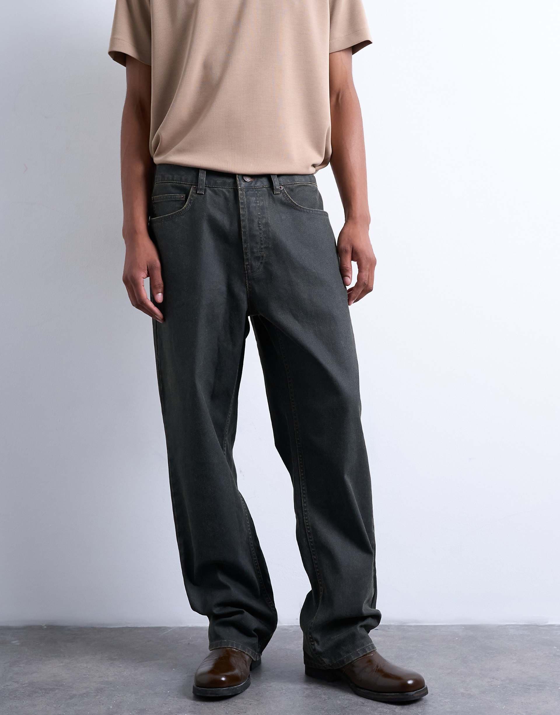 Topman rigid straight leg jeans in brown coated