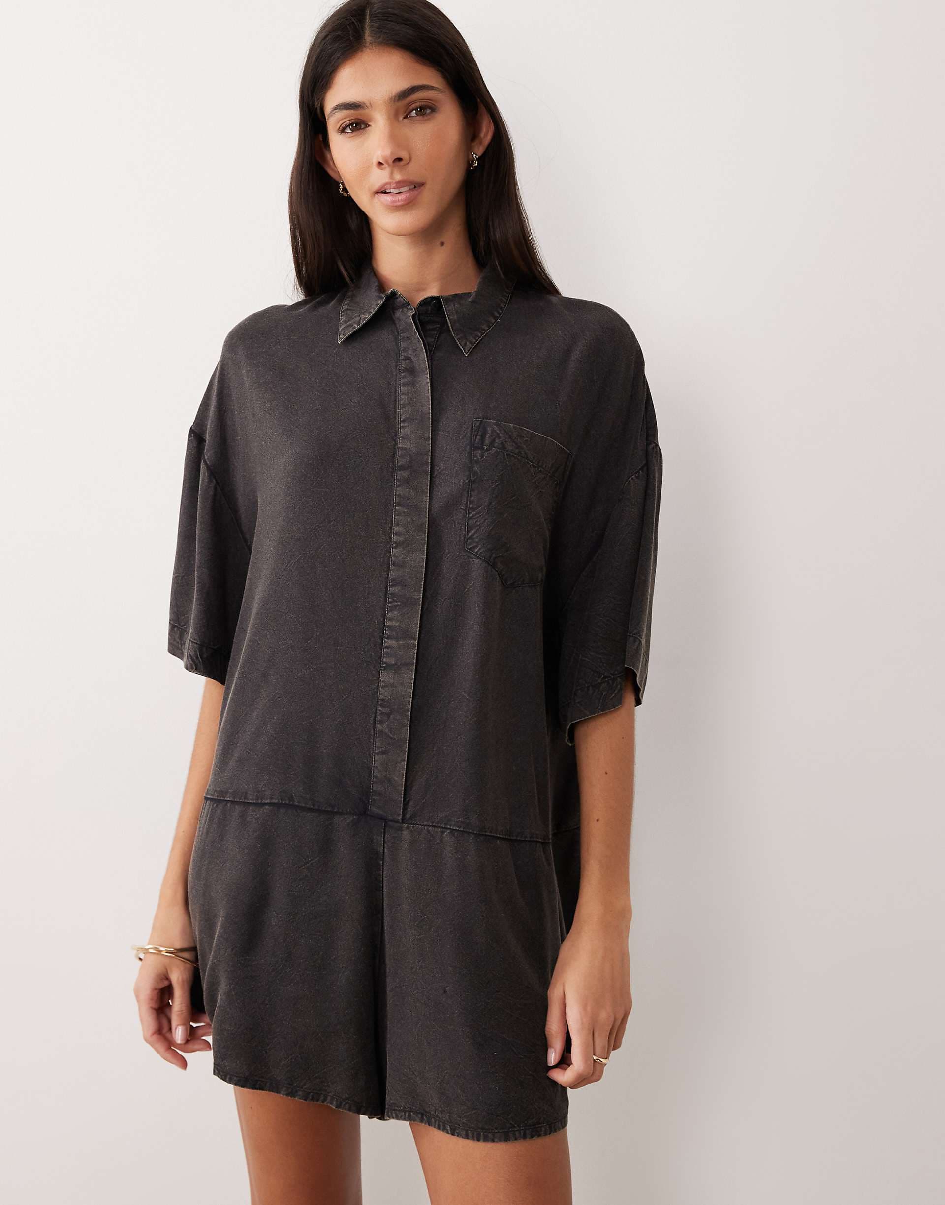 ASOS DESIGN oversized shirt romper in washed black