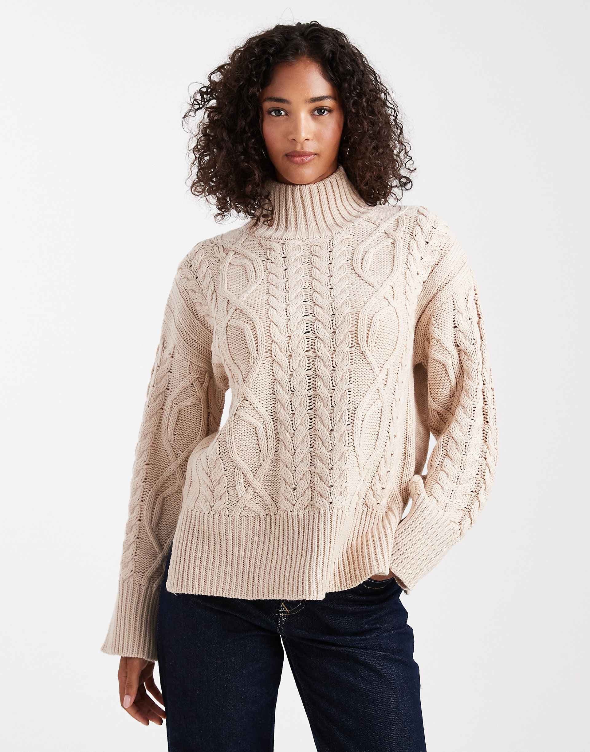 Brave Soul chunky cable knit high neck sweater in stone