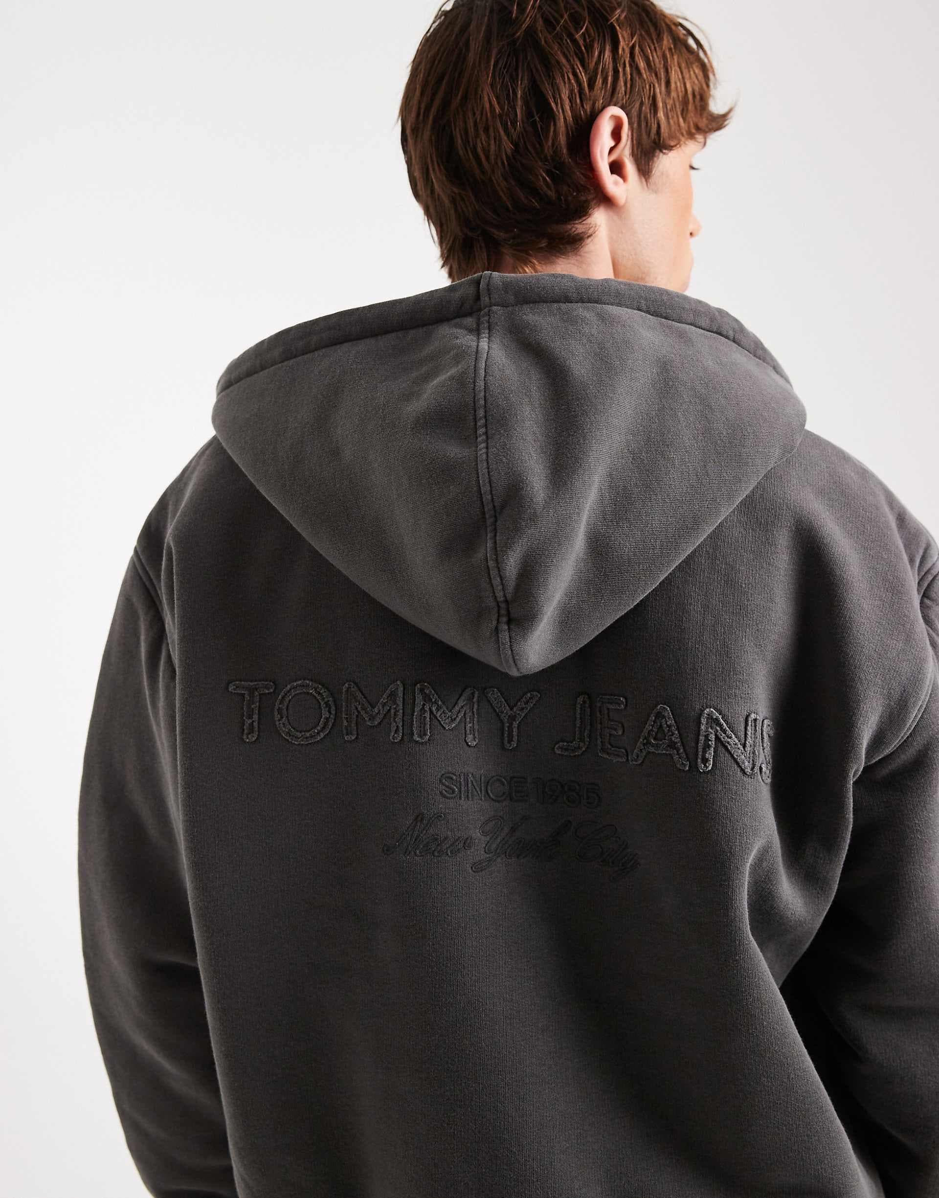 Tommy Jeans flag logo zip up hoodie in washed black
