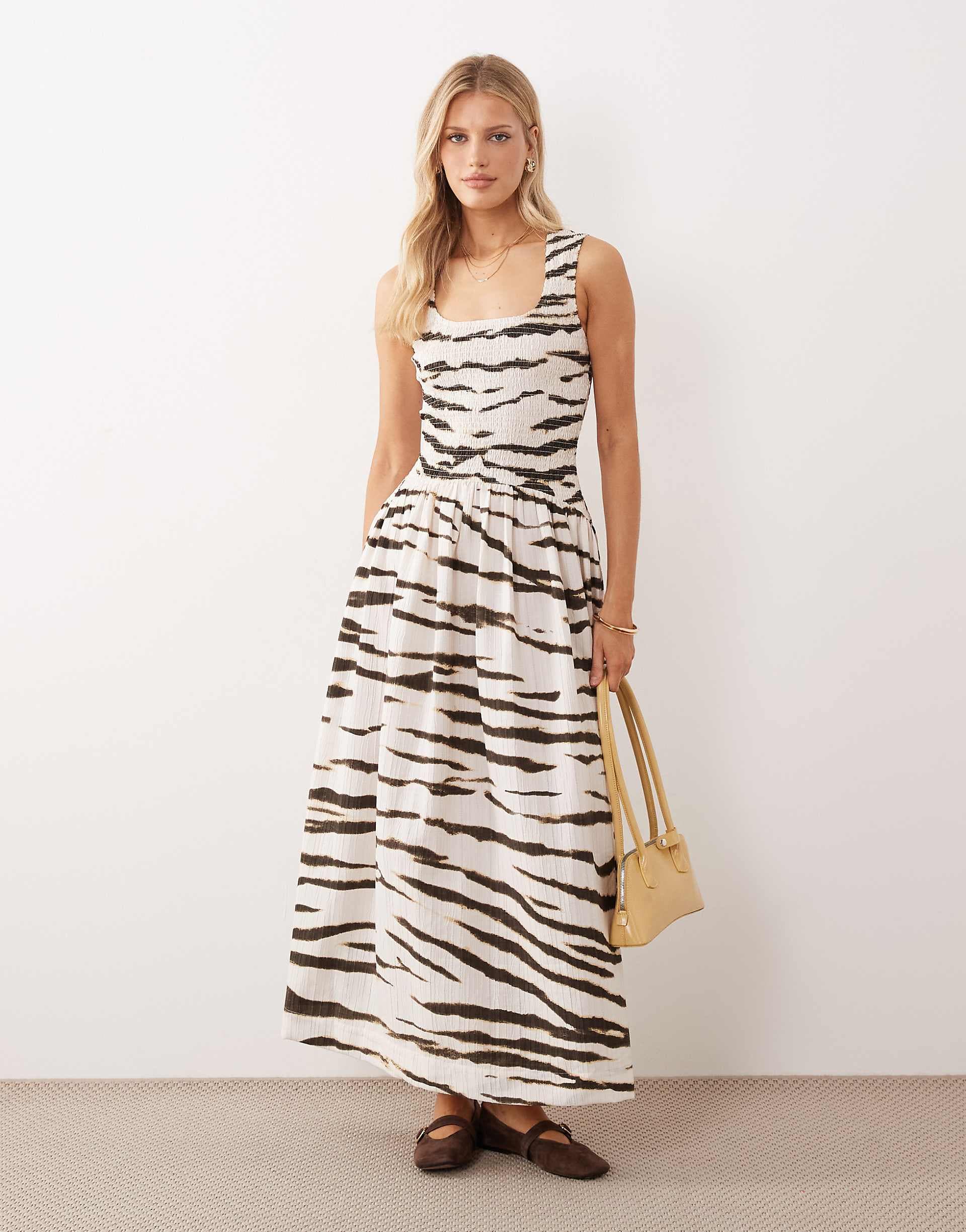 ASOS DESIGN crinkle scoop neck midaxi sundress with shirred waist in animal print