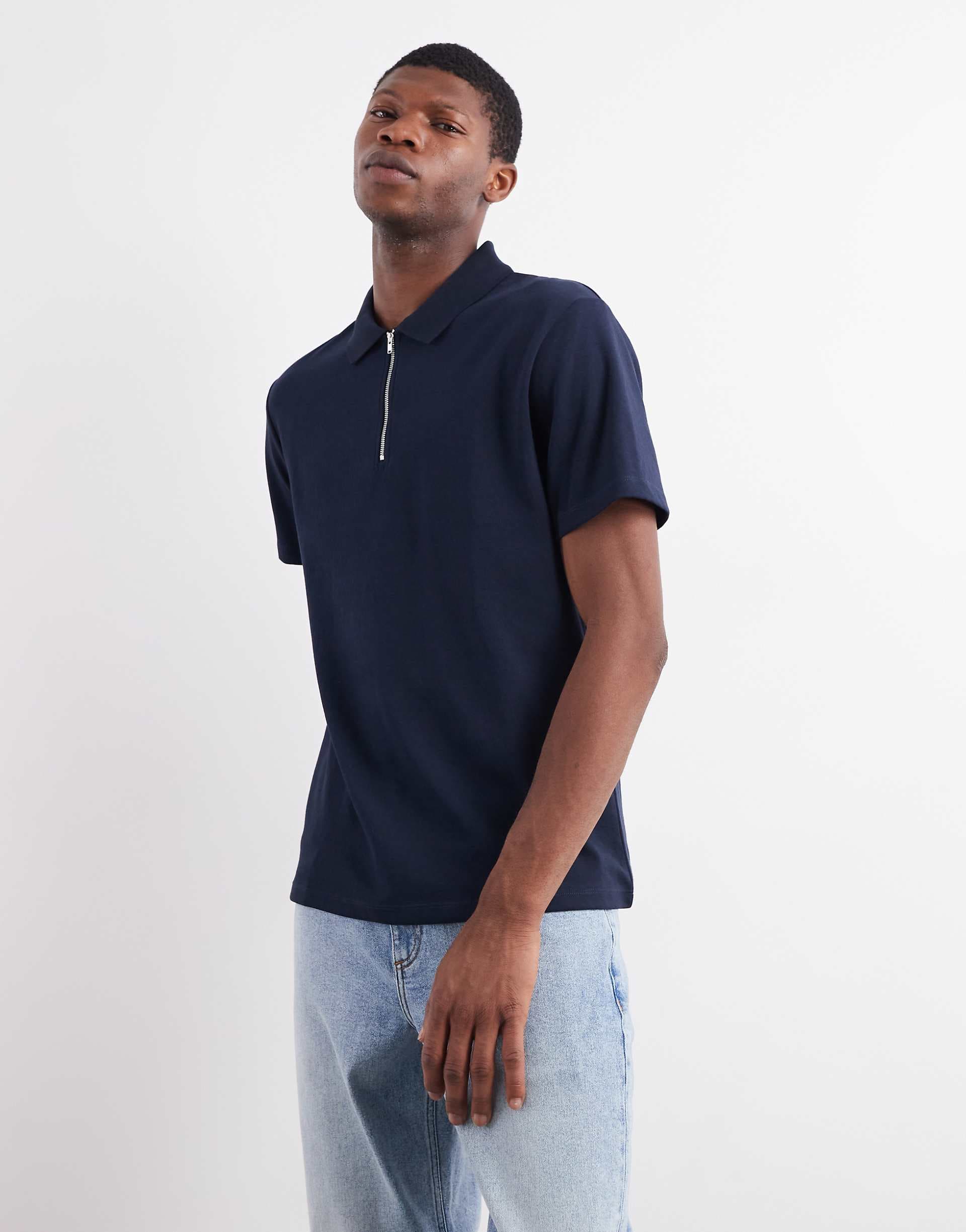 ASOS DESIGN heavyweight zip polo shirt in navy soft touch