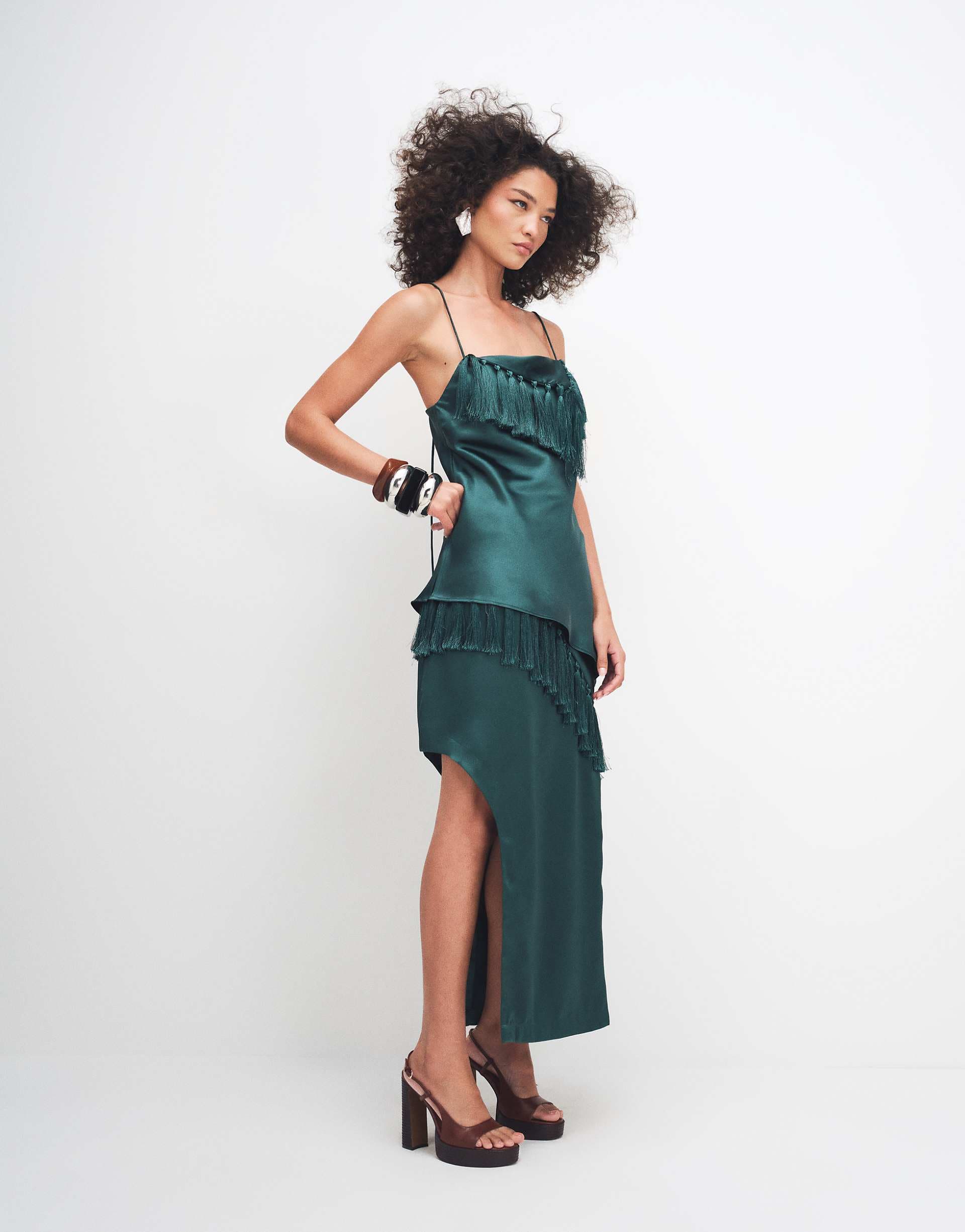 ASOS DESIGN satin midi skirt with tassel detail in dark green