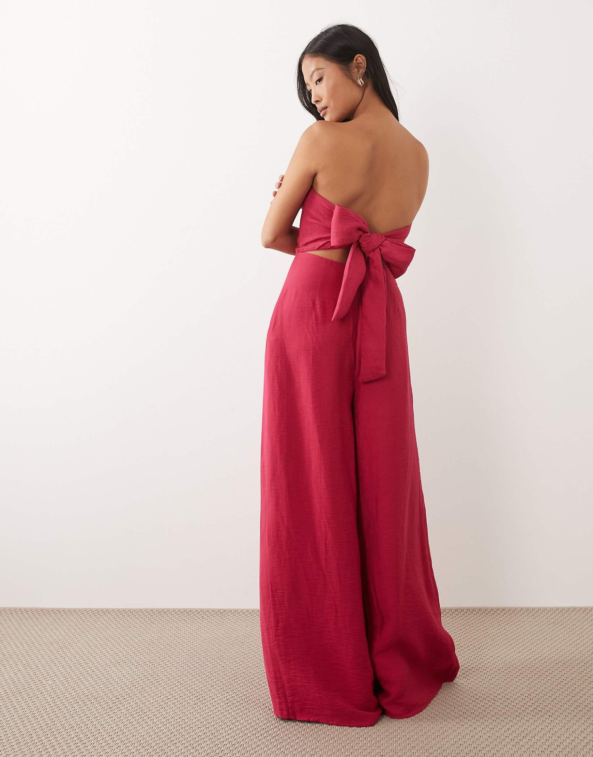 Nobody's Child Petite Rory linen mix tailored bandeau jumpsuit in dark pink