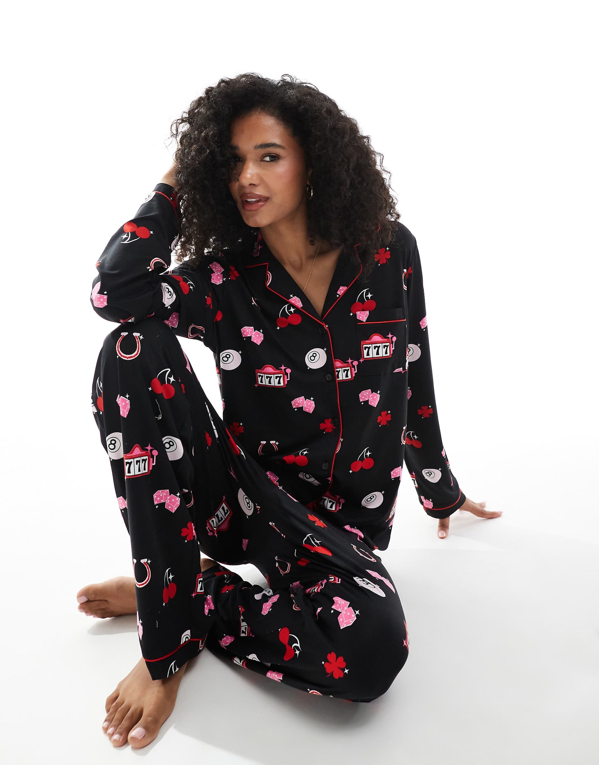 Loungeable supersoft jersey lucky print pajama set in black