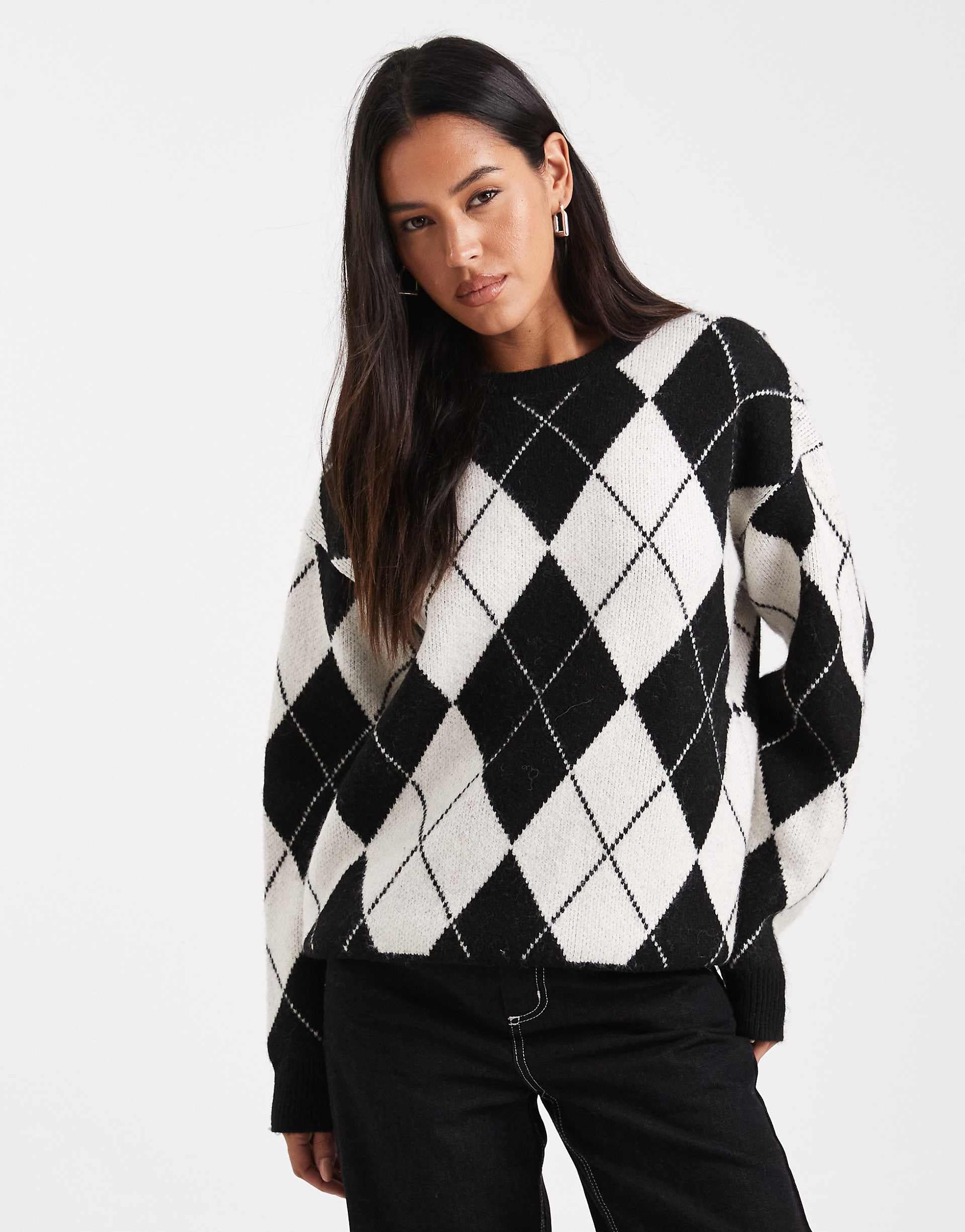 4th & Reckless wool blend crew neck oversized sweater in black and white argyle