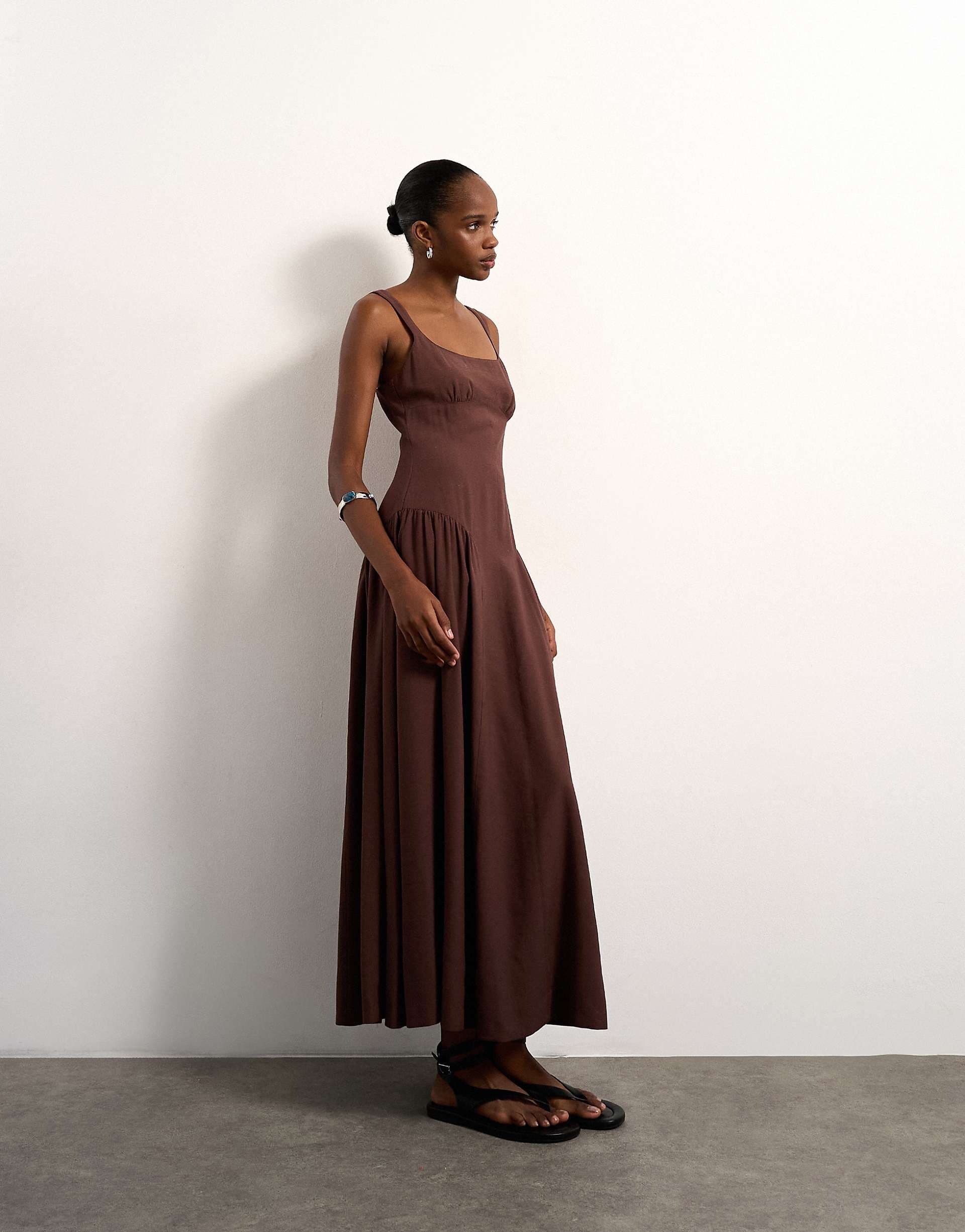 Topshop dropped waist midaxi sundress in chocolate