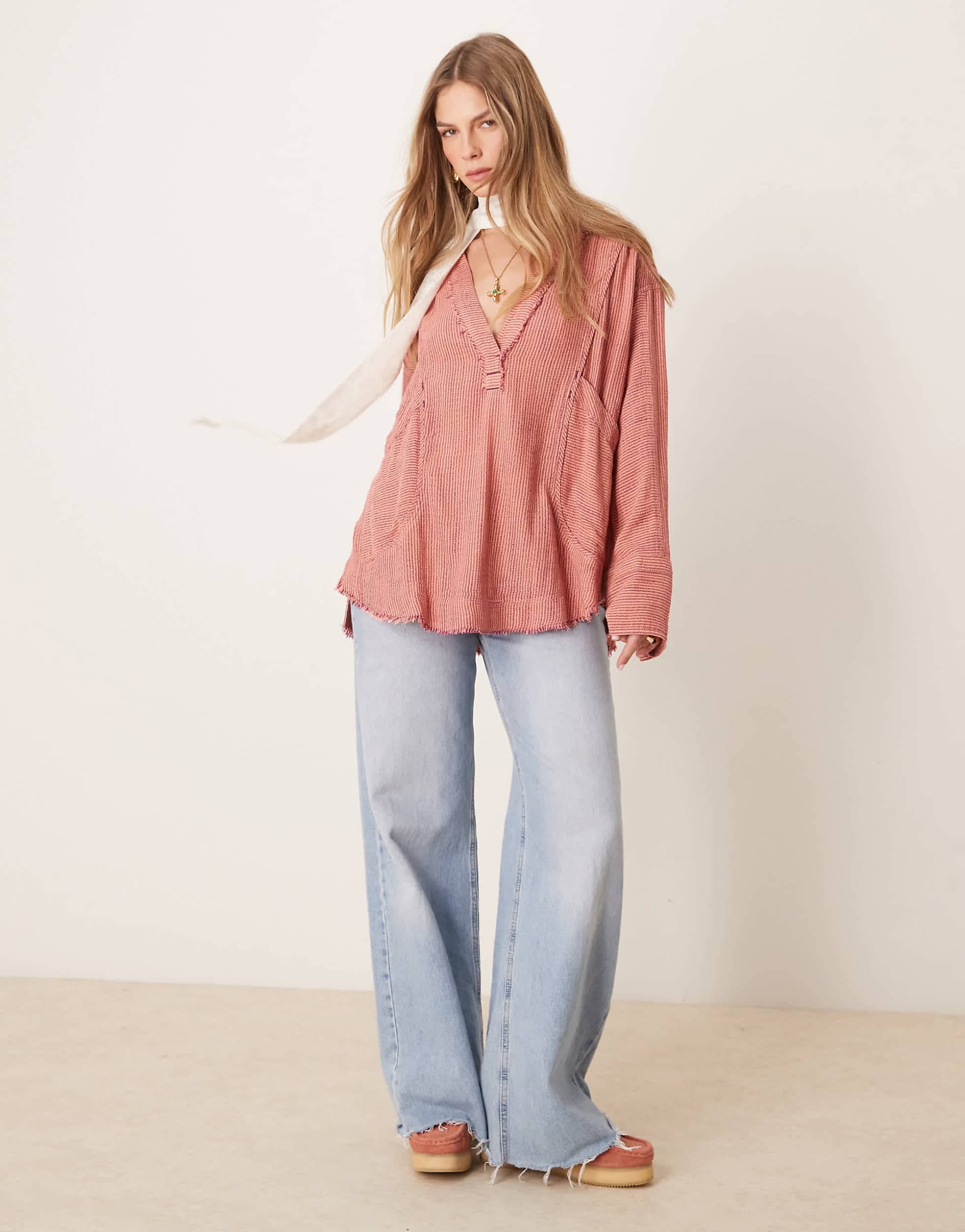 Free People relaxed oversized striped shirt in wine