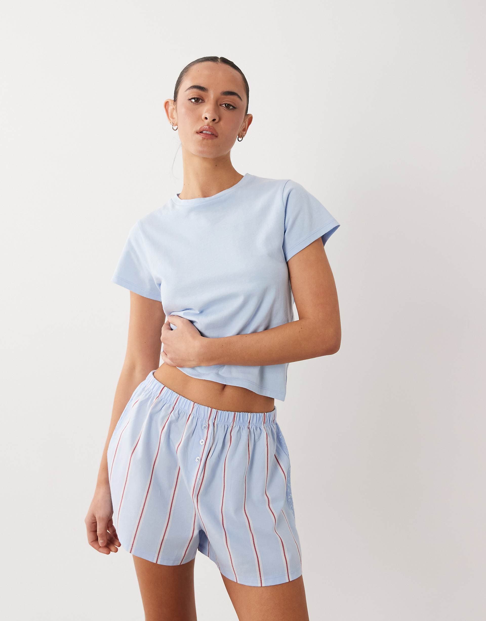 ASOS DESIGN short sleeve baby tee & woven striped shorts set with lace trim in blue