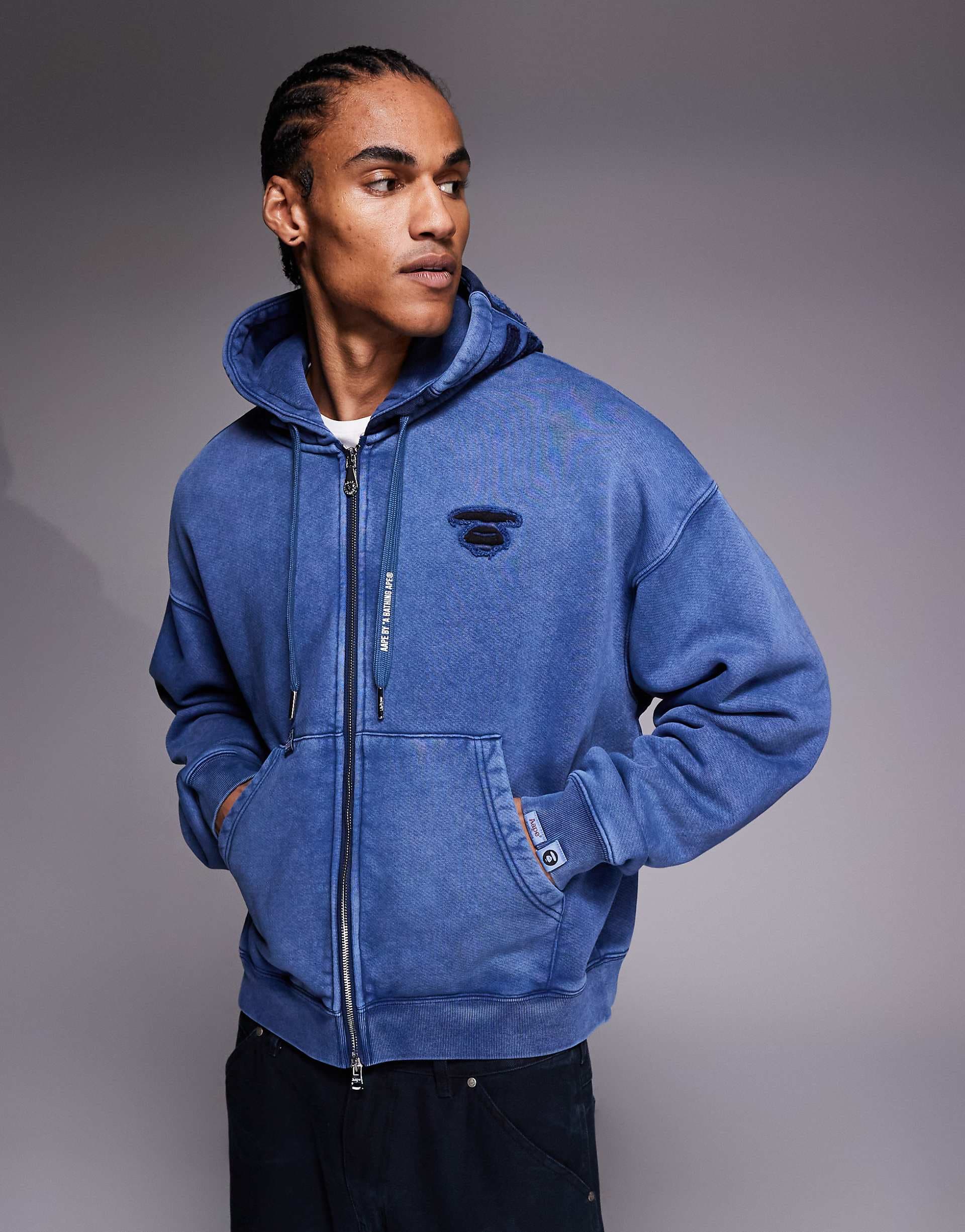 Aape By A Bathing Ape oversized heavyweight zip through hoodie in washed blue with printed hood