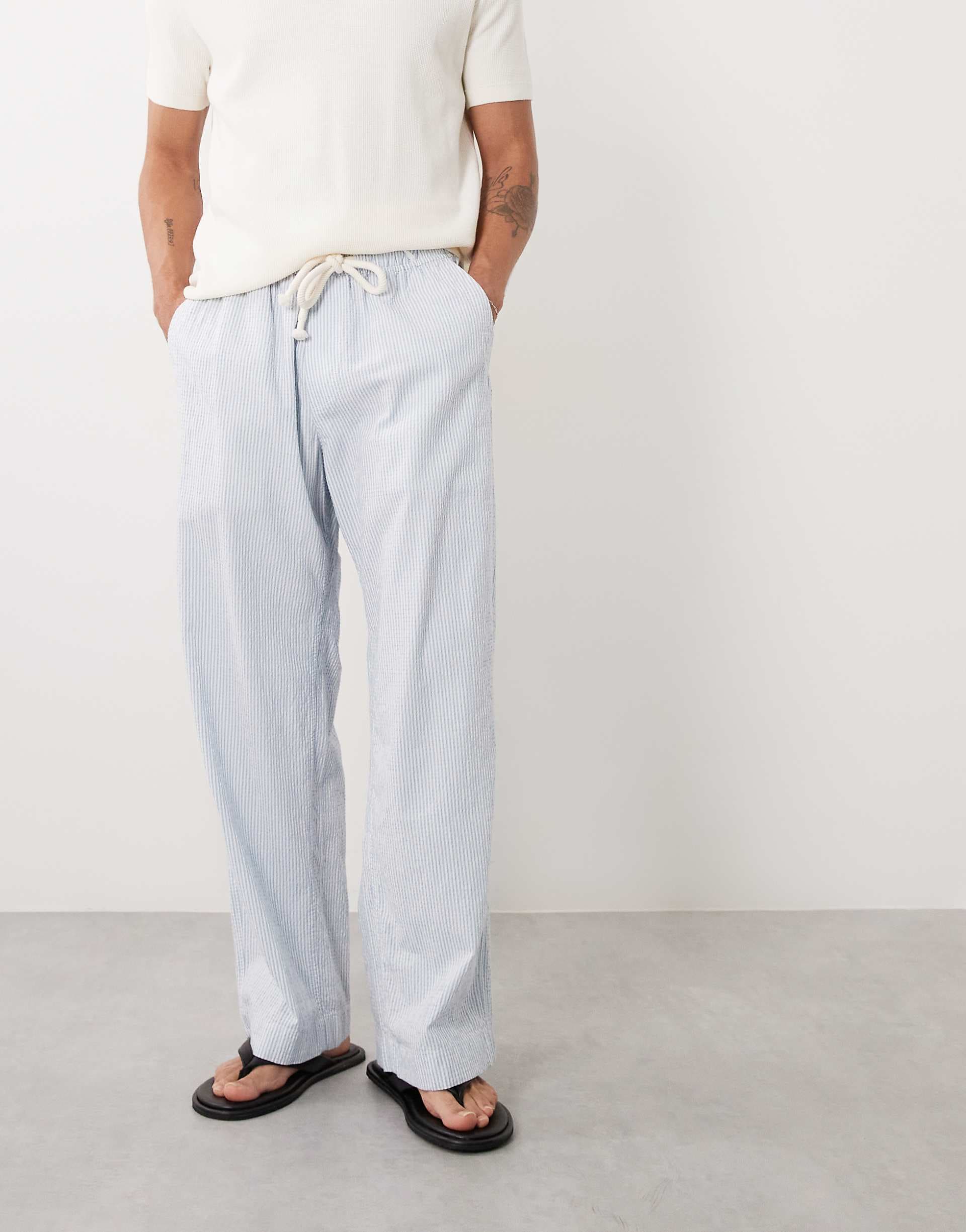 Abercrombie & Fitch cotton rich baggy seersucker pants in blue stripes